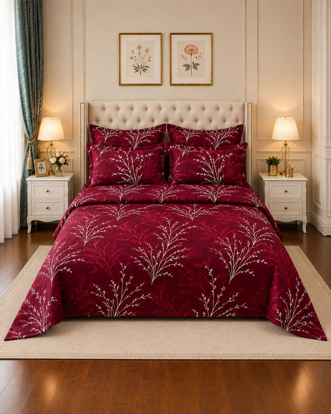 Bed Spread 3 7Pc Printed Comforter Set – Maroon White Branch Print - Image 1