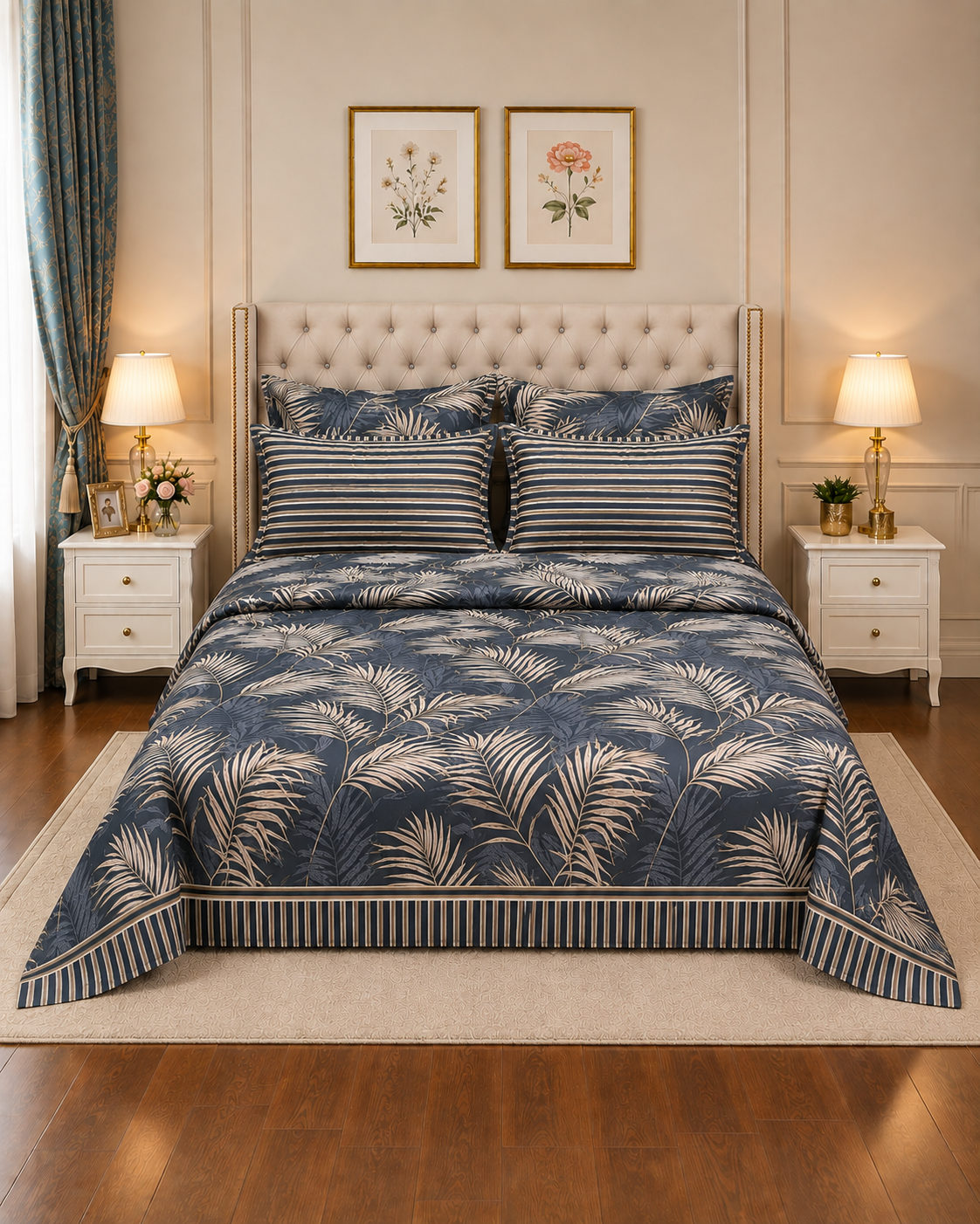 Bed Spread 4 7Pc Printed Comforter Set – Blue Palm Leaf - Image 1