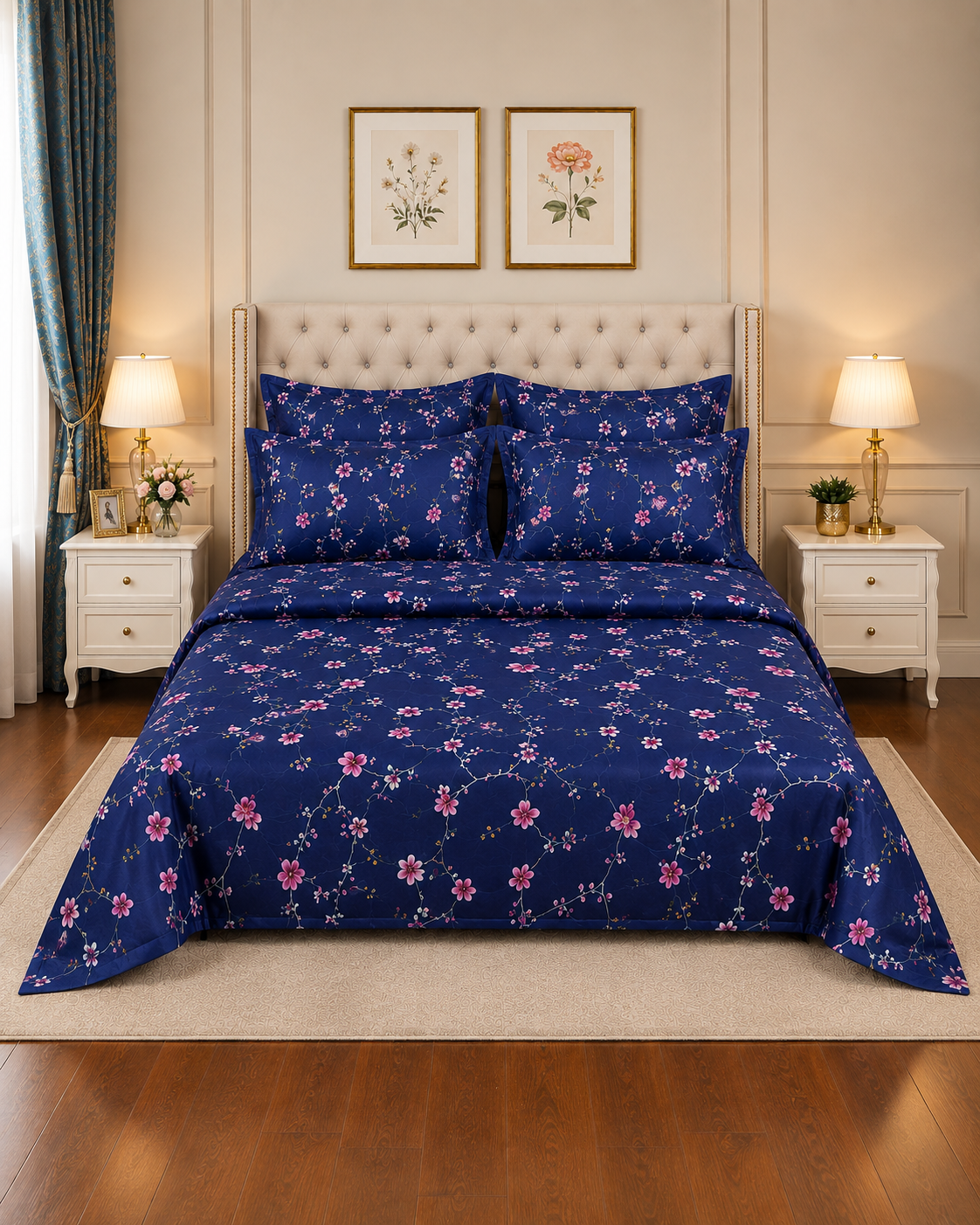 Bed Spread 5 7Pc Printed Comforter Set – Royal Blue Floral - Image 1