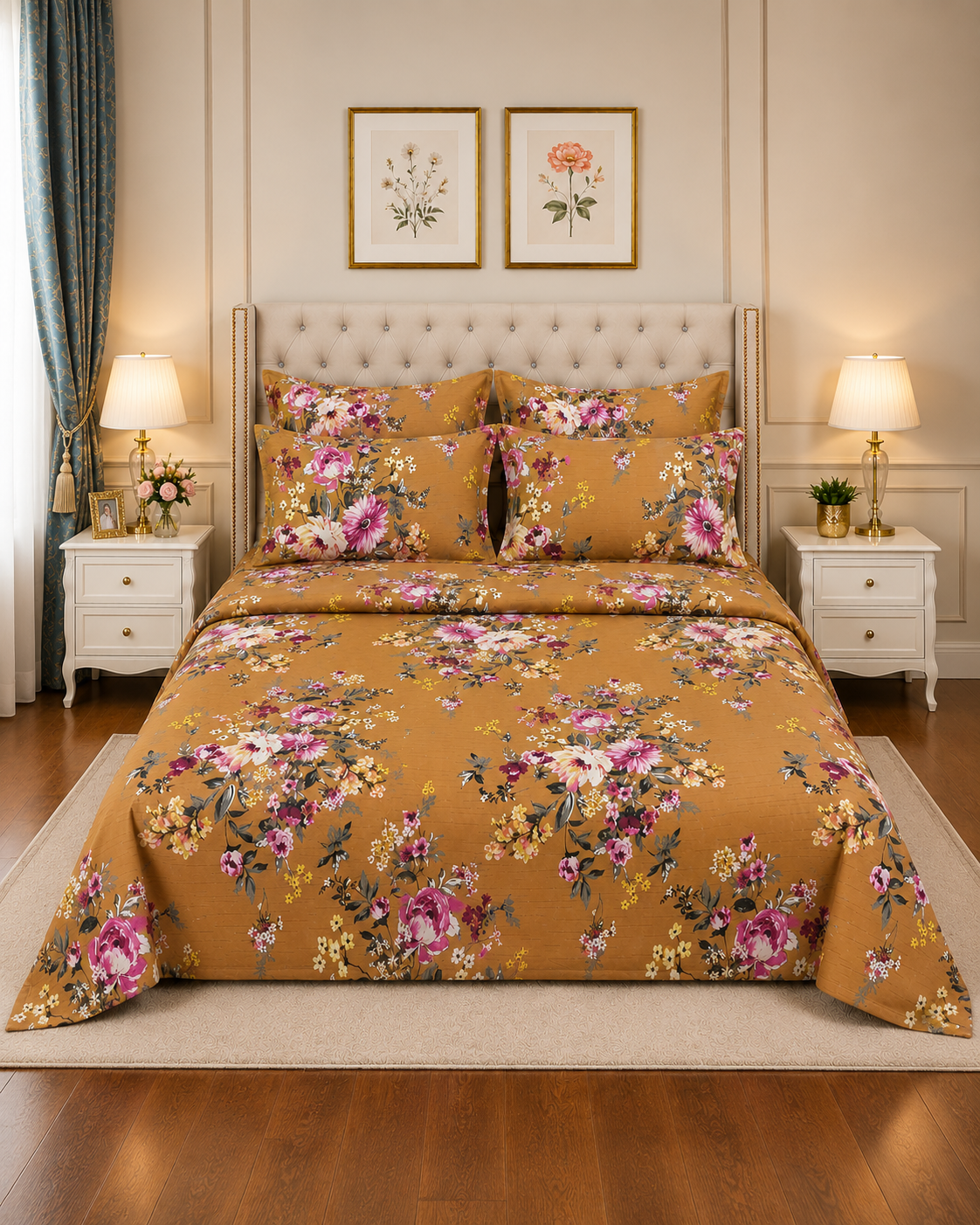 Bed Spread 6 7Pc Printed Comforter Set – Mustard Yellow Floral - Image 1