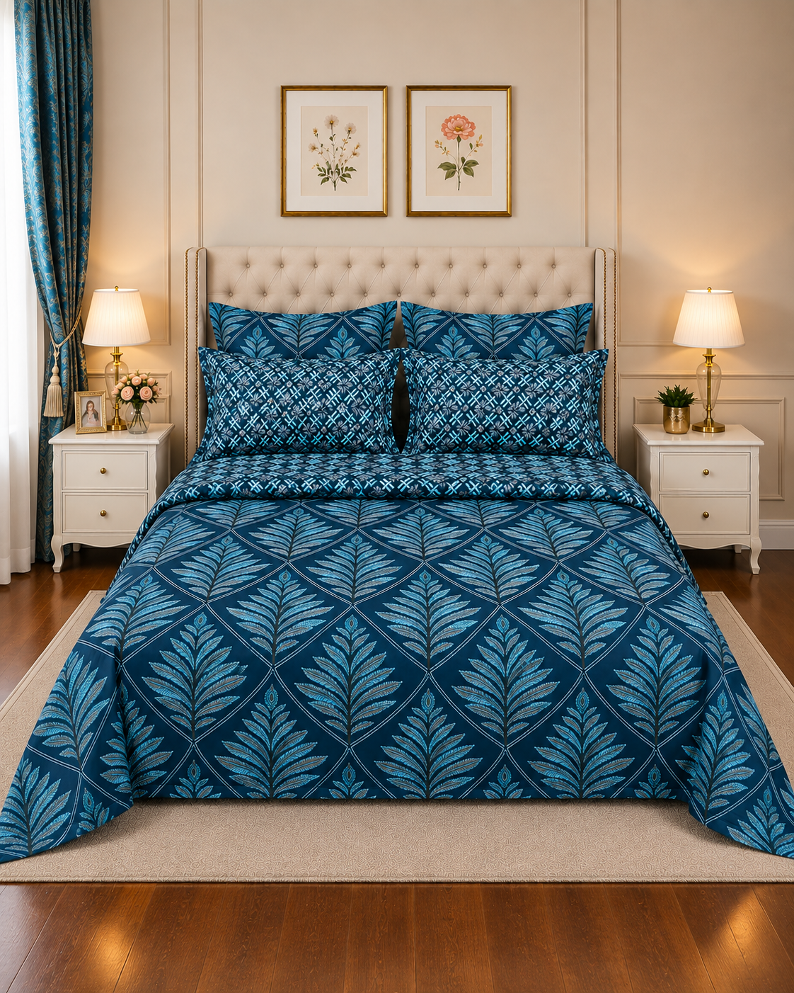 Bed Spread 7 7Pc Printed Comforter Set – Blue Geometric Leaf - Image 1