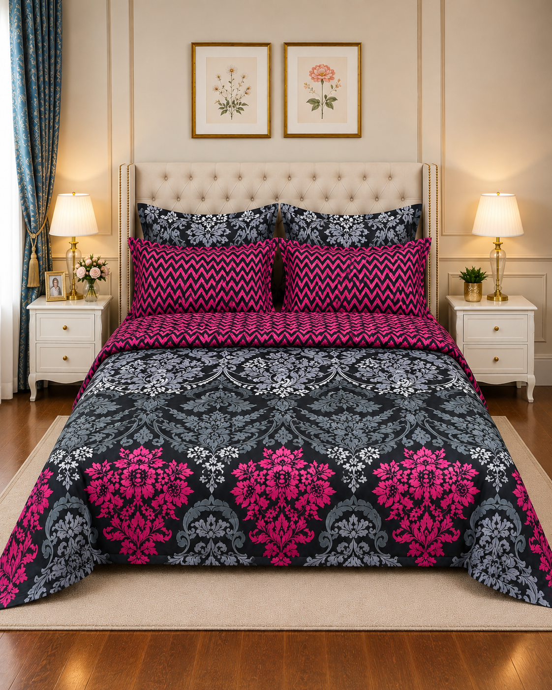Bed Spread 9 7Pc Printed Comforter Set – Pink Grey Damask - Image 1