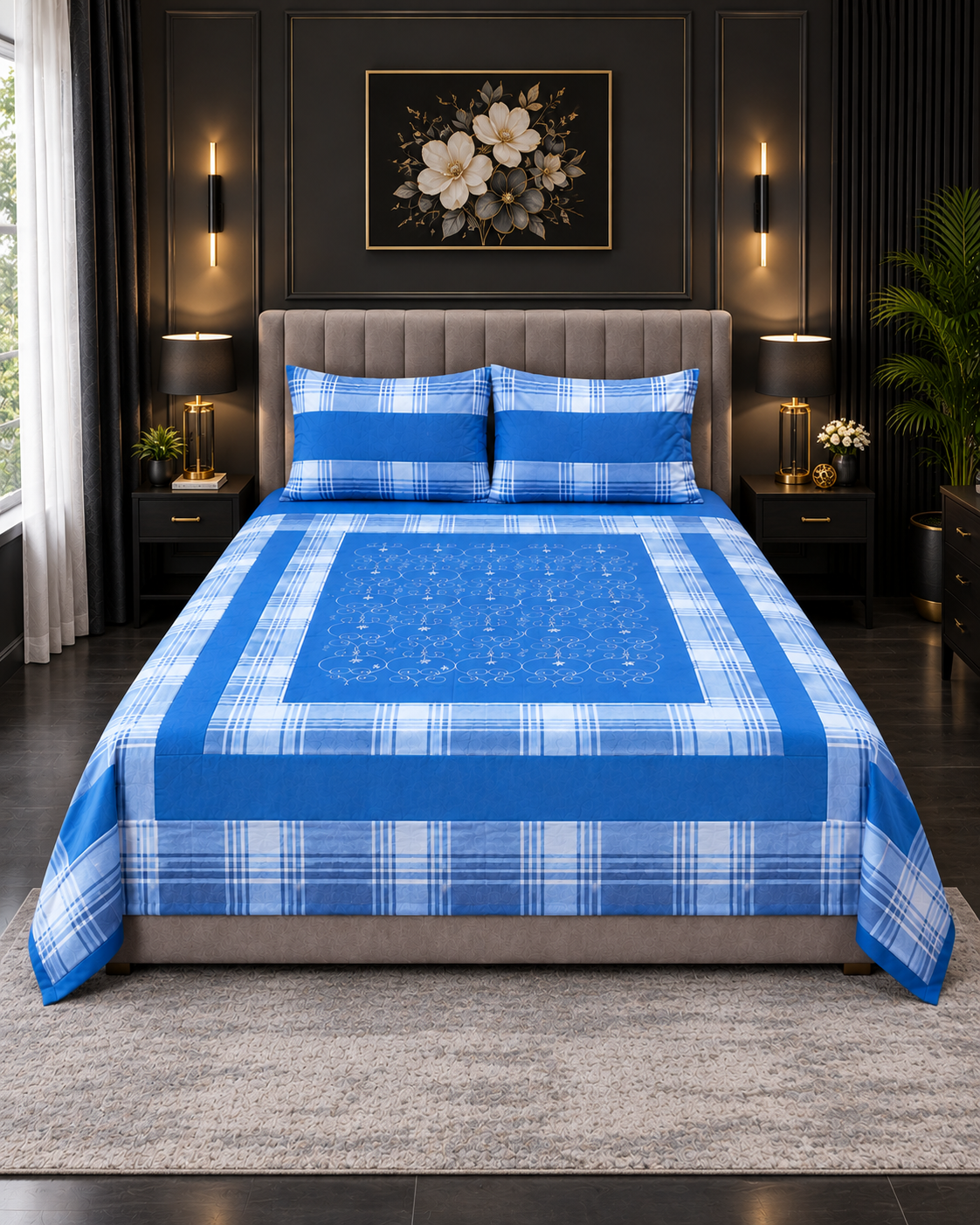 Cotton Embroided 1 Cotton Embroidered King Bed Sheet Set – Royal Blue Plaid - Image 1