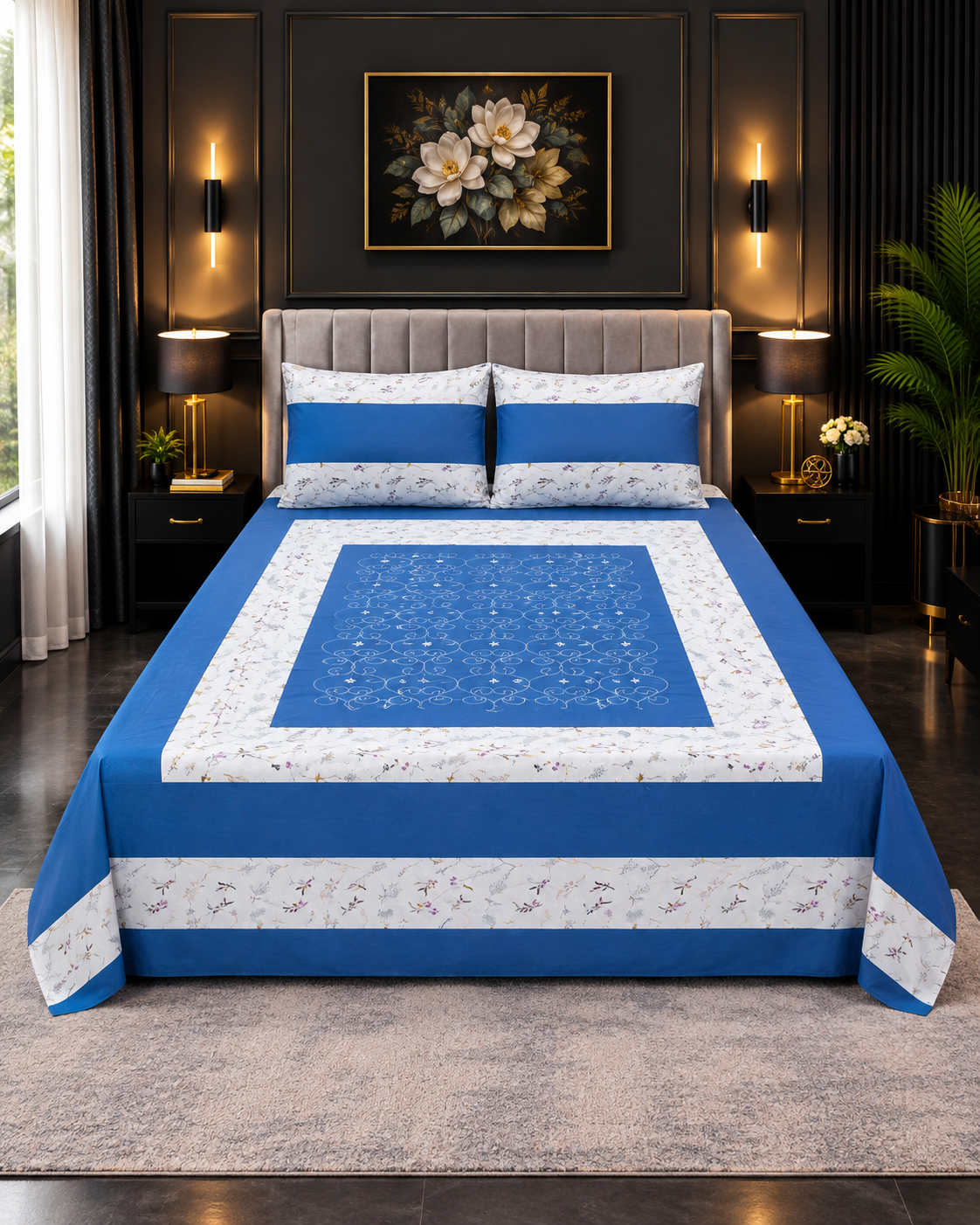 Cotton Embroided 10 Cotton Embroidered King Bed Sheet Set – Royal Blue Floral - Image 1