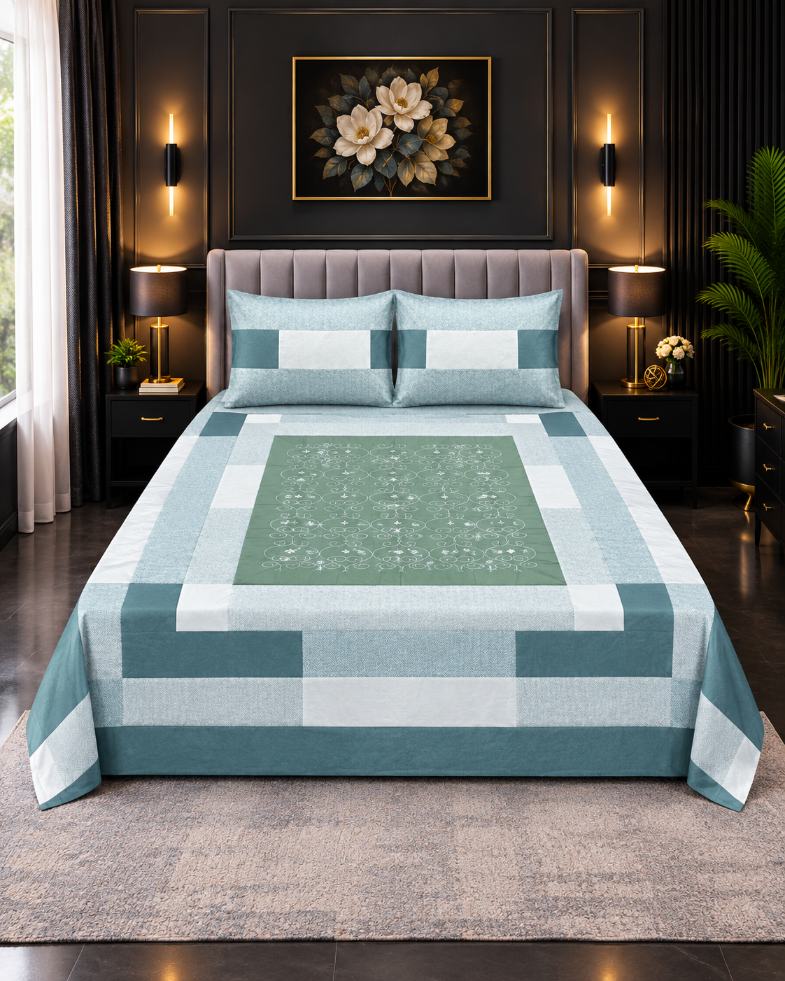 Cotton Embroided 11 Cotton Embroidered King Bed Sheet Set – Teal Aqua Geometric - Image 1
