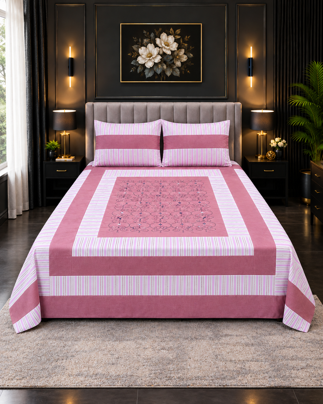 Cotton Embroided 12 Cotton Embroidered King Bed Sheet Set – Rose Pink Striped - Image 1