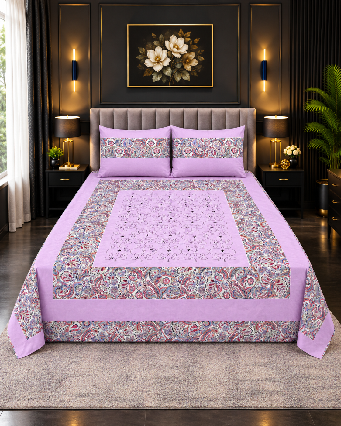 Cotton Embroided 13 Cotton Embroidered King Bed Sheet Set – Lilac Paisley - Image 1