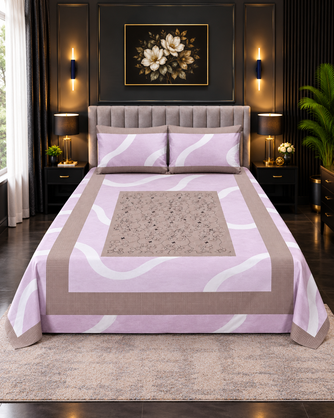 Cotton Embroided 14 Cotton Embroidered King Bed Sheet Set – Dusty Lilac Wavy - Image 1