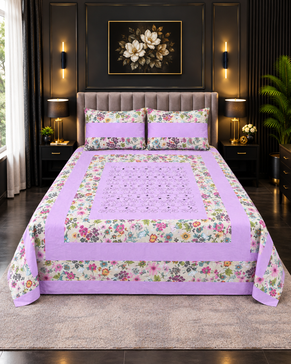 Cotton Embroided 15 Cotton Embroidered King Bed Sheet Set – Lavender Wildflower - Image 1
