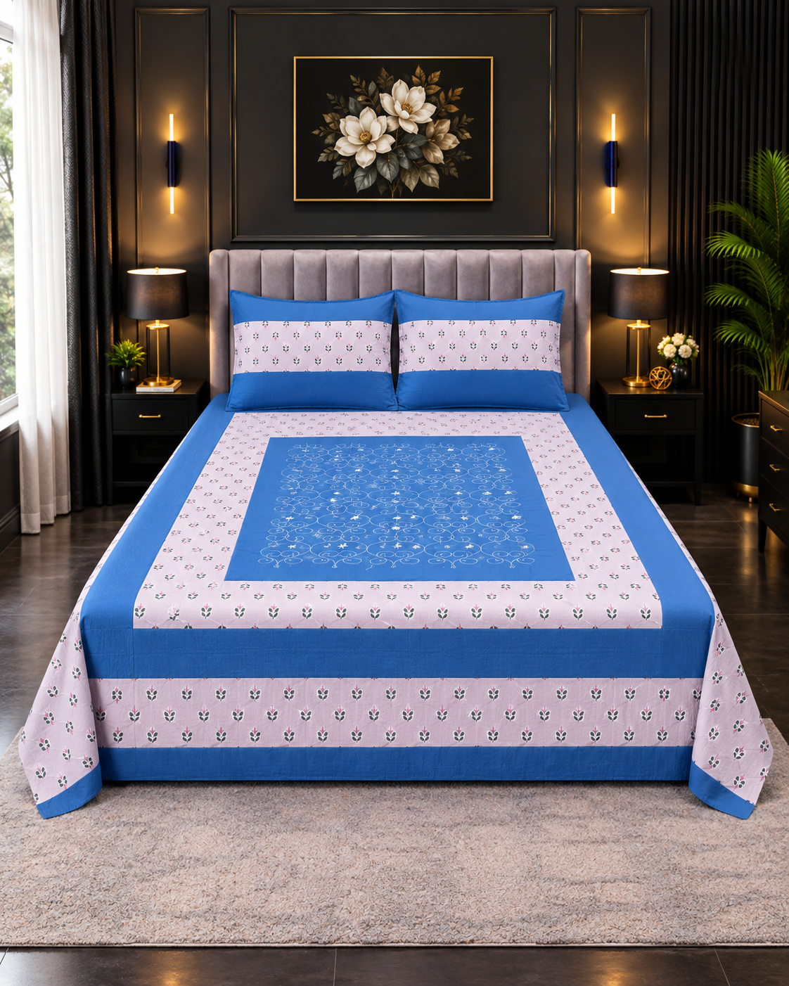 Cotton Embroided 16 Cotton Embroidered King Bed Sheet Set – Royal Blue Floral - Image 1