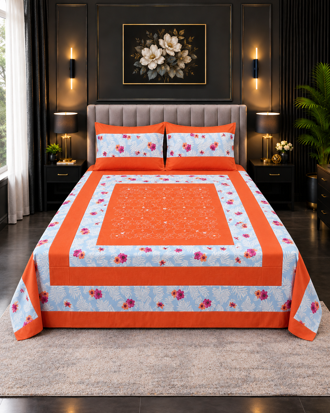 Cotton Embroided 17 Cotton Embroidered King Bed Sheet Set – Vibrant Orange Floral - Image 1
