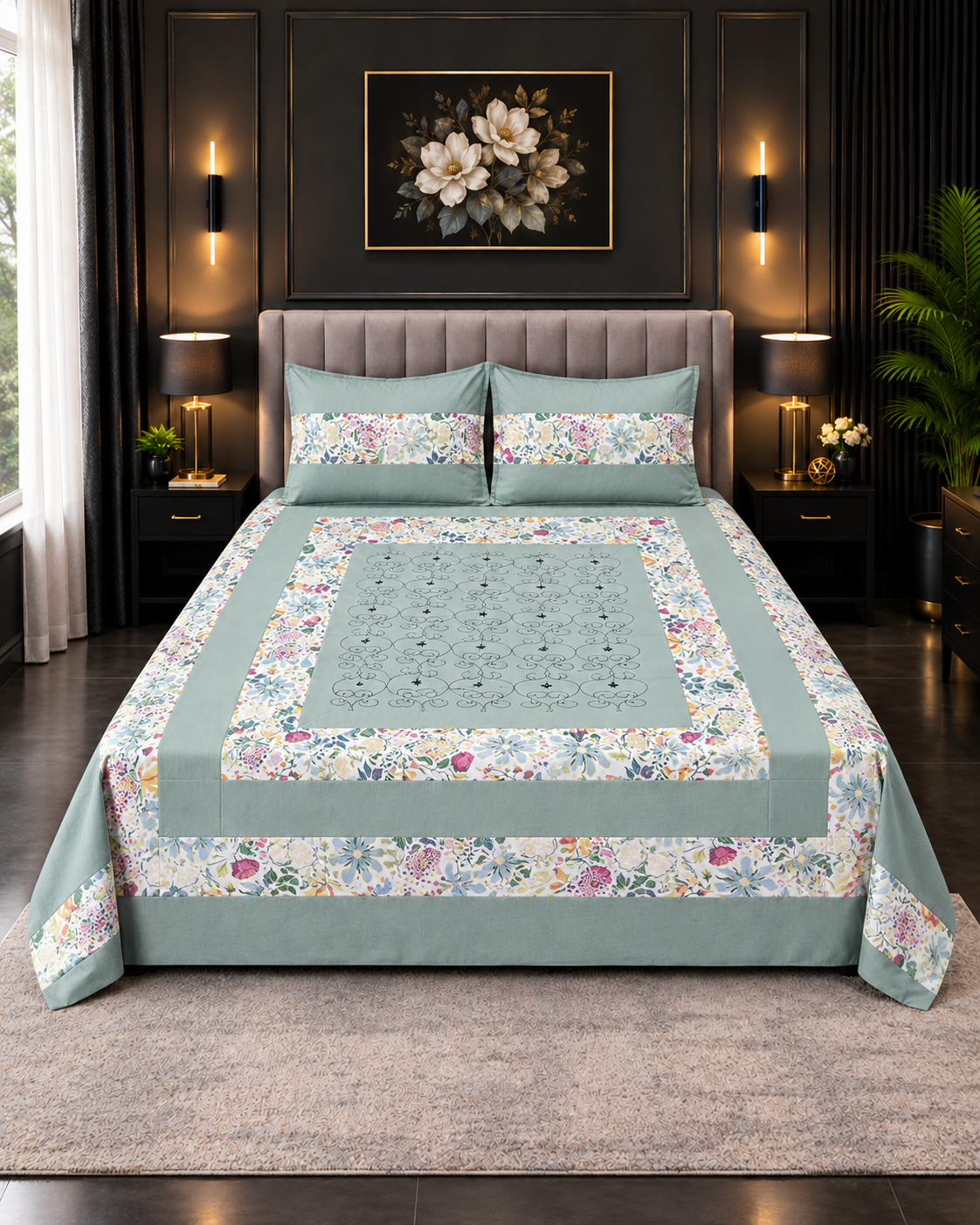 Cotton Embroided 19 Cotton Embroidered King Bed Sheet Set – Sage Green Multi Floral - Image 1