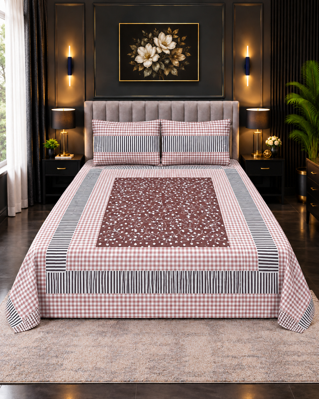 Cotton Embroided 2 Cotton Embroidered King Bed Sheet Set – Brown Checkered - Image 1
