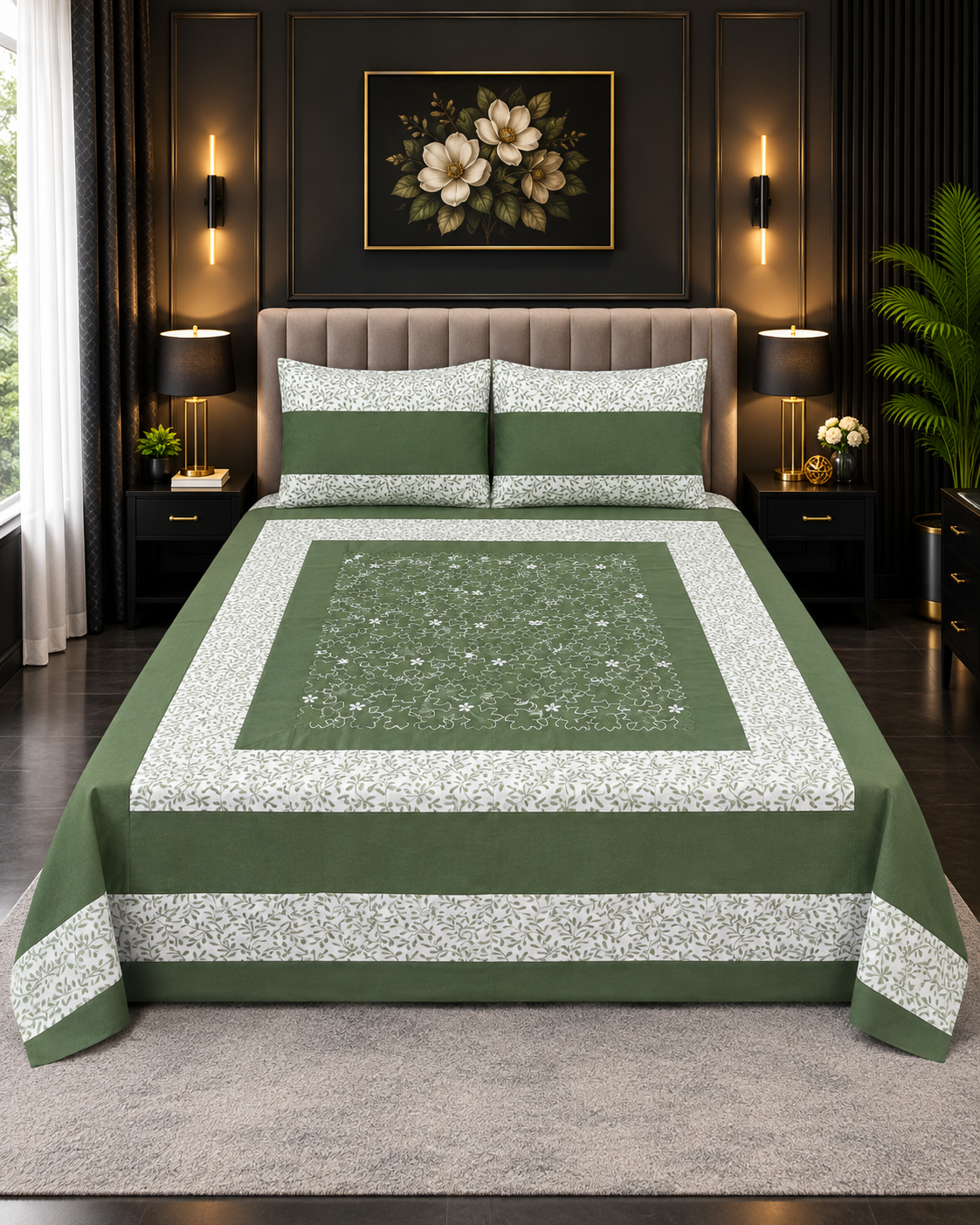 Cotton Embroided 20 Cotton Embroidered King Bed Sheet Set – Forest Green Leaf - Image 1