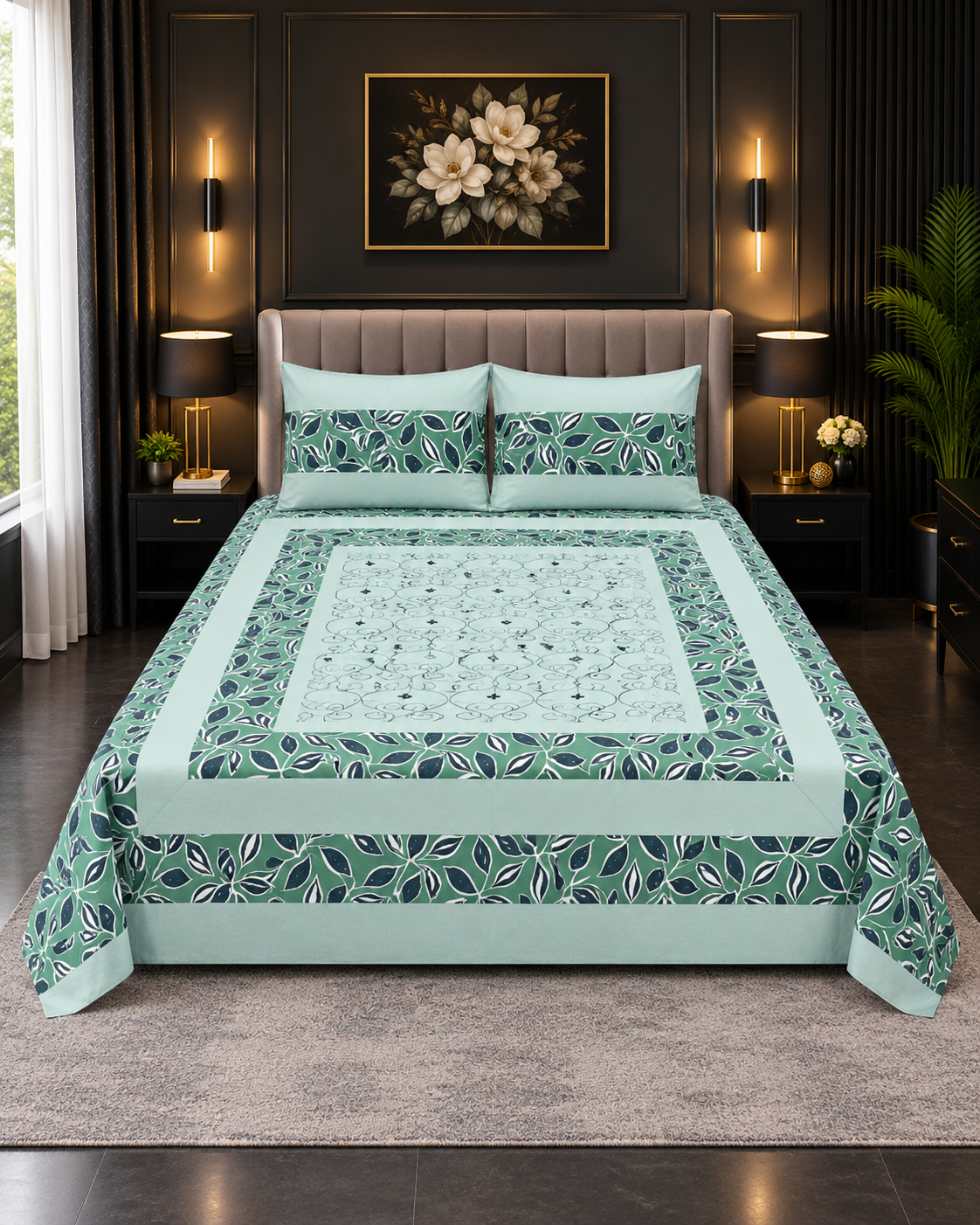 Cotton Embroided 21 Cotton Embroidered King Bed Sheet Set – Mint Green Leaf Pattern - Image 1