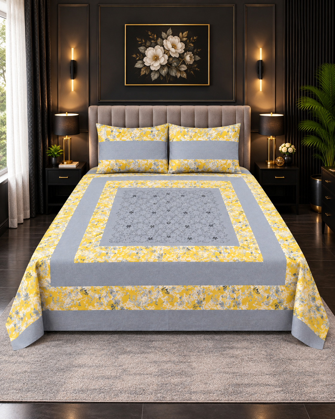 Cotton Embroided 22 Cotton Embroidered King Bed Sheet Set – Yellow Grey Floral - Image 1