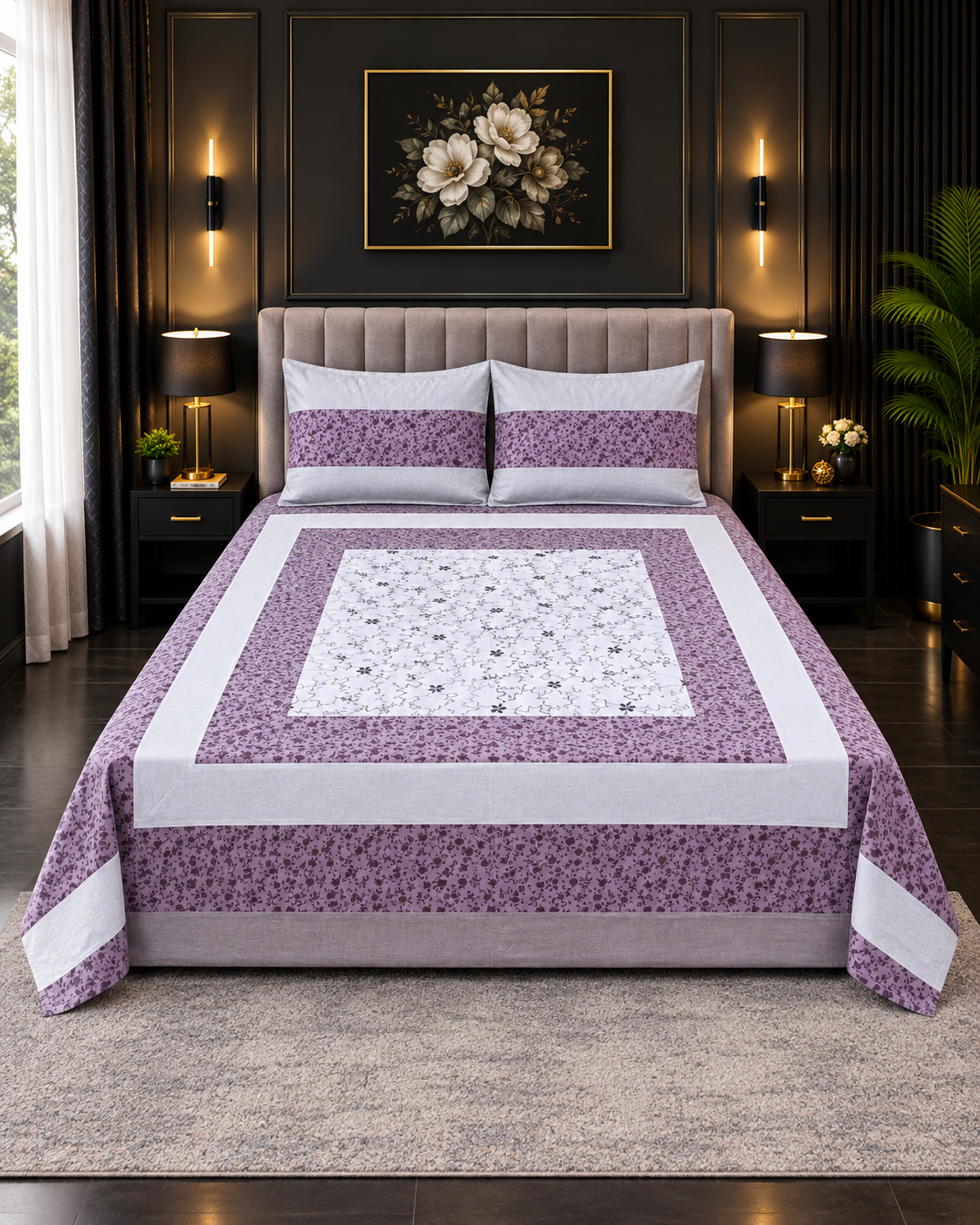 Cotton Embroided 23 Cotton Embroidered King Bed Sheet Set – Purple Micro Floral - Image 1