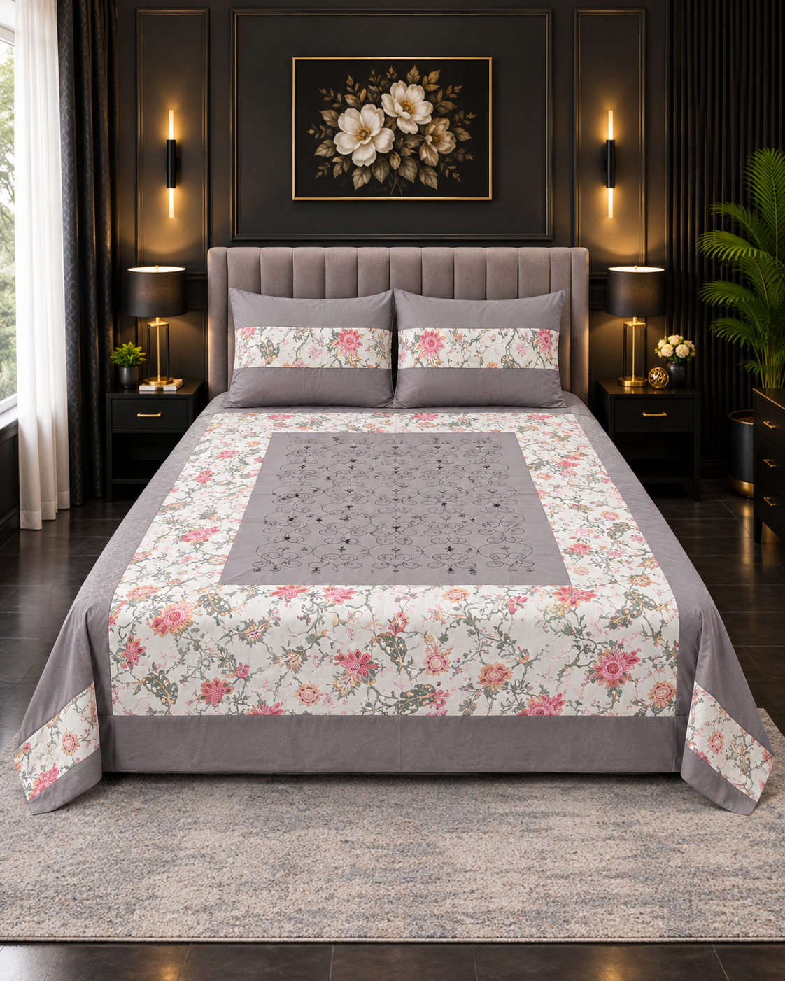 Cotton Embroided 24 Cotton Embroidered King Bed Sheet Set – Grey Pink Garden Floral - Image 1