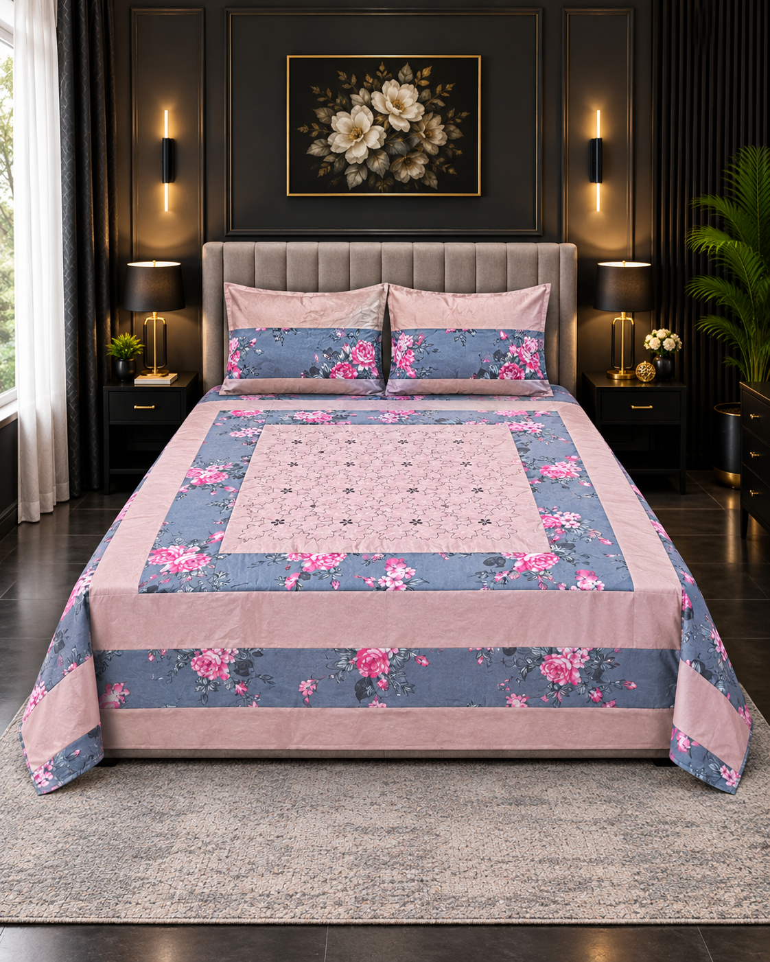 Cotton Embroided 25 Cotton Embroidered King Bed Sheet Set – Dusty Pink Blue Rose - Image 1