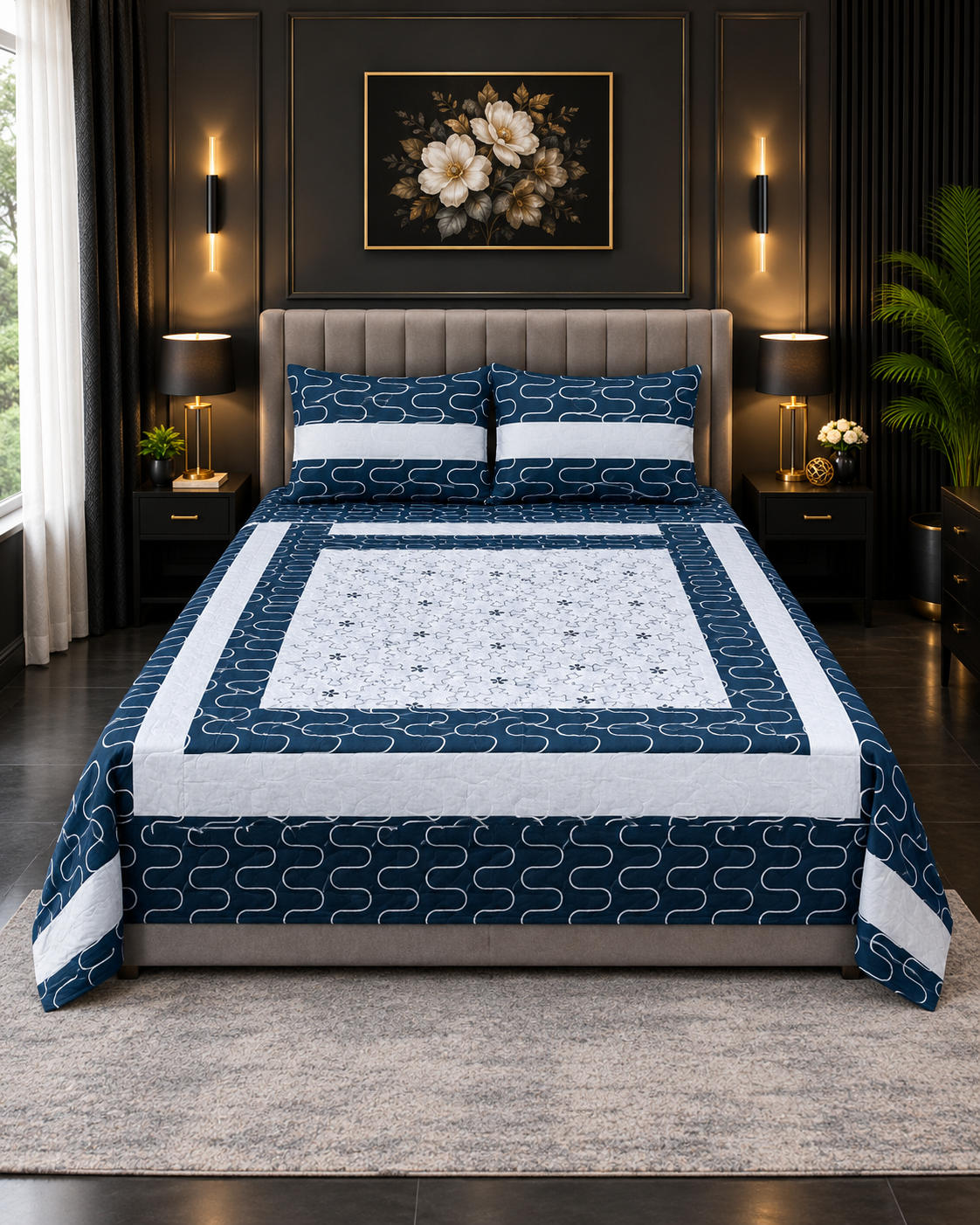 Cotton Embroided 26 Cotton Embroidered King Bed Sheet Set – Navy Blue Wavy Line - Image 1
