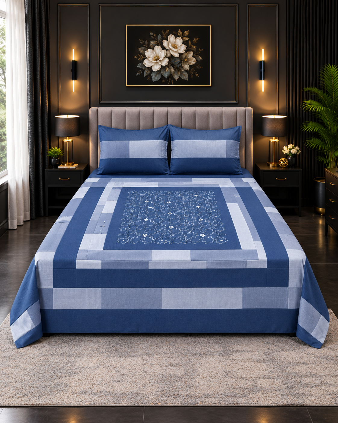 Cotton Embroided 27 Cotton Embroidered King Bed Sheet Set – Royal Blue Geometric Check - Image 1