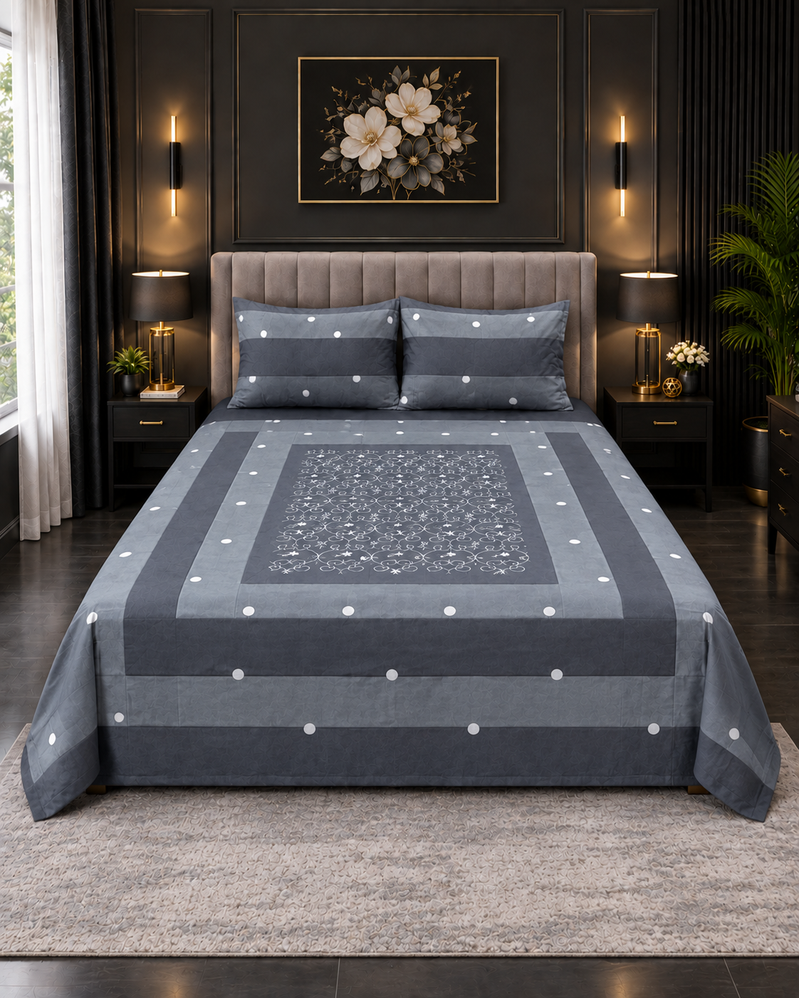 Cotton Embroided 28 Cotton Embroidered King Bed Sheet Set – Charcoal Grey Polka Dot - Image 1