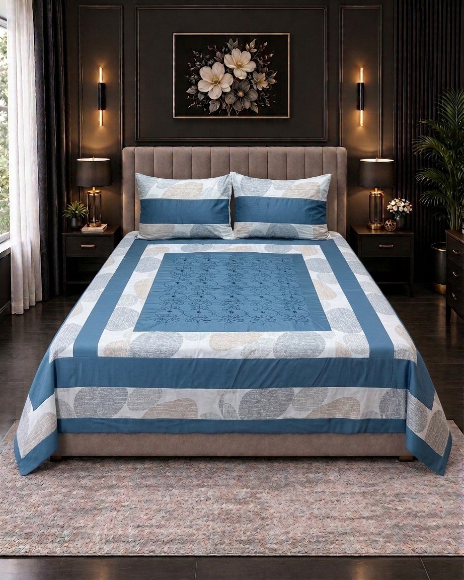 Cotton Embroided 29 Cotton Embroidered King Bed Sheet Set – Ocean Blue Pebble Pattern - Image 1