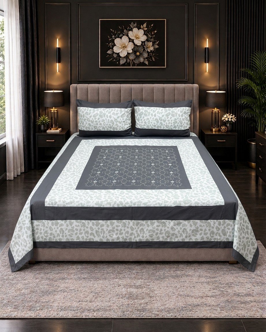 Cotton Embroided 30 Cotton Embroidered King Bed Sheet Set – Charcoal Grey Leopard Print - Image 1