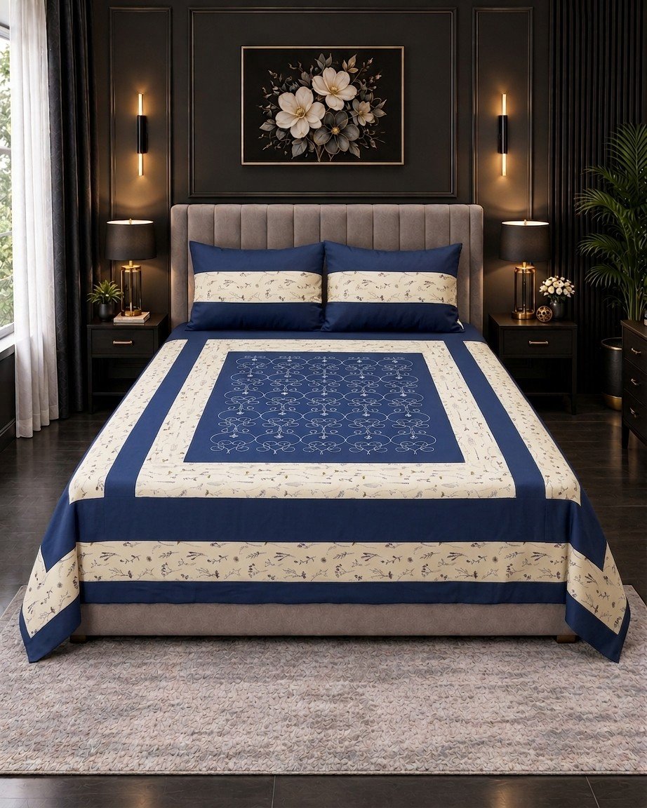 Cotton Embroided 31 Cotton Embroidered King Bed Sheet Set – Navy Blue Floral Motif - Image 1
