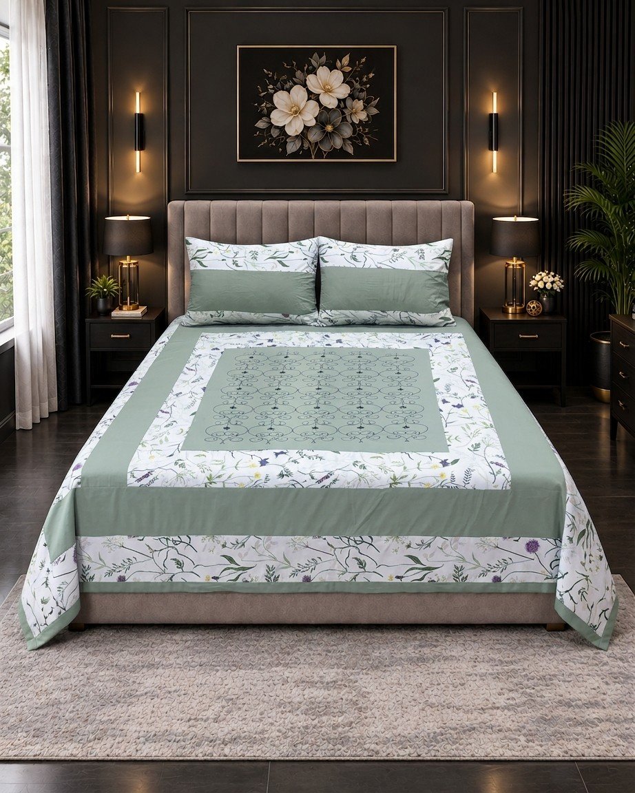 Cotton Embroided 32 Cotton Embroidered King Bed Sheet Set – Sage Green Botanical Print - Image 1