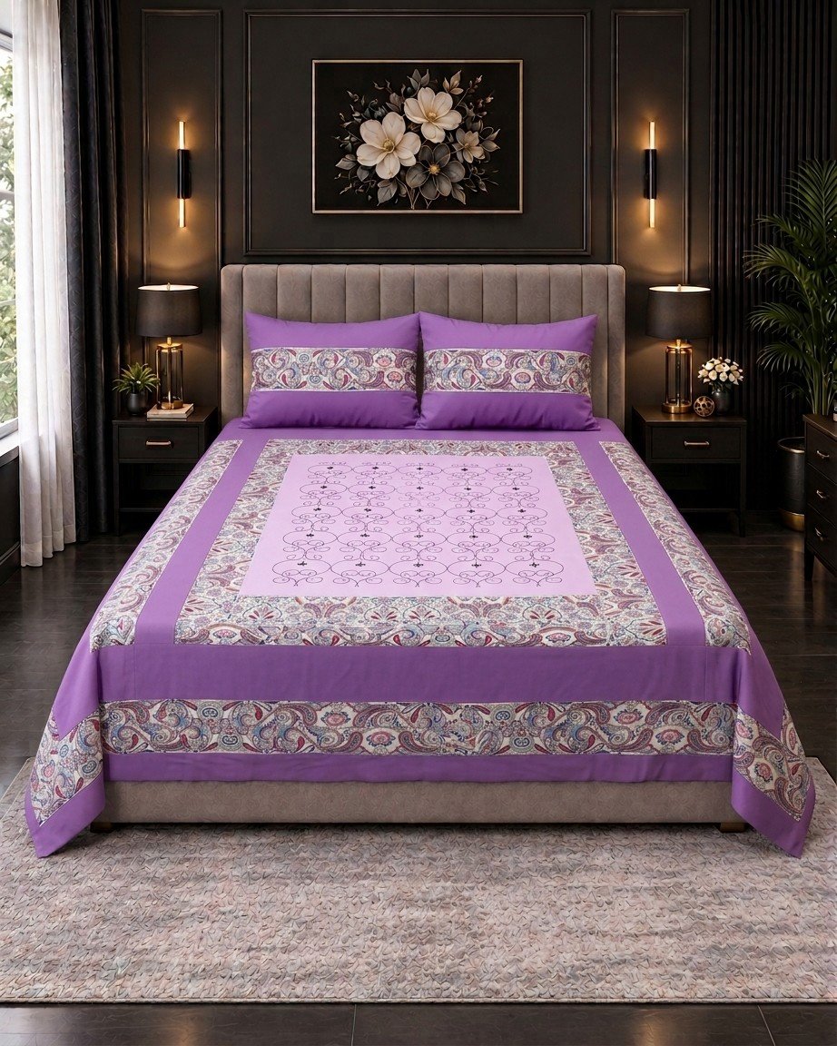Cotton Embroided 33 Cotton Embroidered King Bed Sheet Set – Purple Paisley Border - Image 1