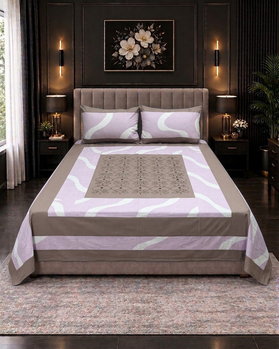 Cotton Embroided 35 Cotton Embroidered King Bed Sheet Set – Lilac Taupe Wave Pattern - Image 1