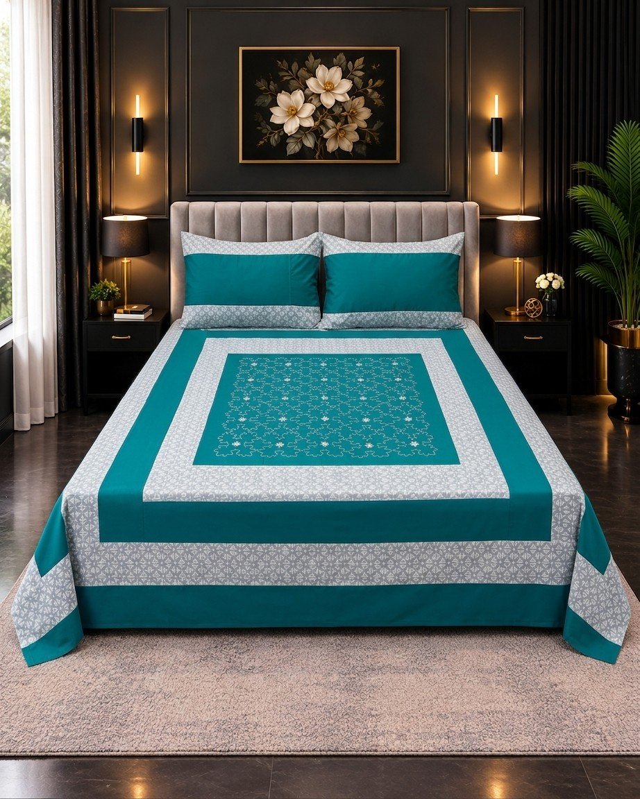 Cotton Embroided 36 Cotton Embroidered King Bed Sheet Set – Teal Blue Floral Lattice - Image 1