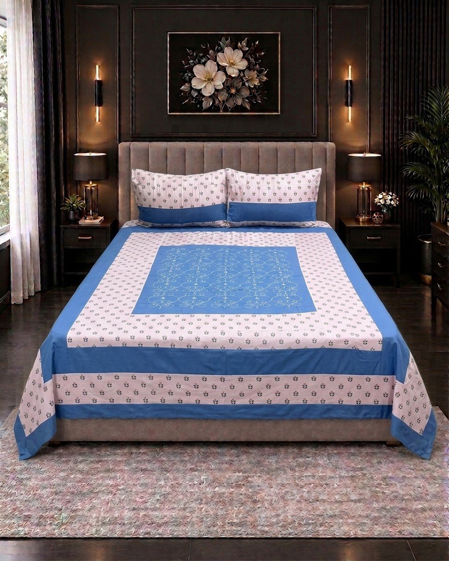 Cotton Embroided 37 Cotton Embroidered King Bed Sheet Set – Blue Pink Micro Dot Pattern - Image 1
