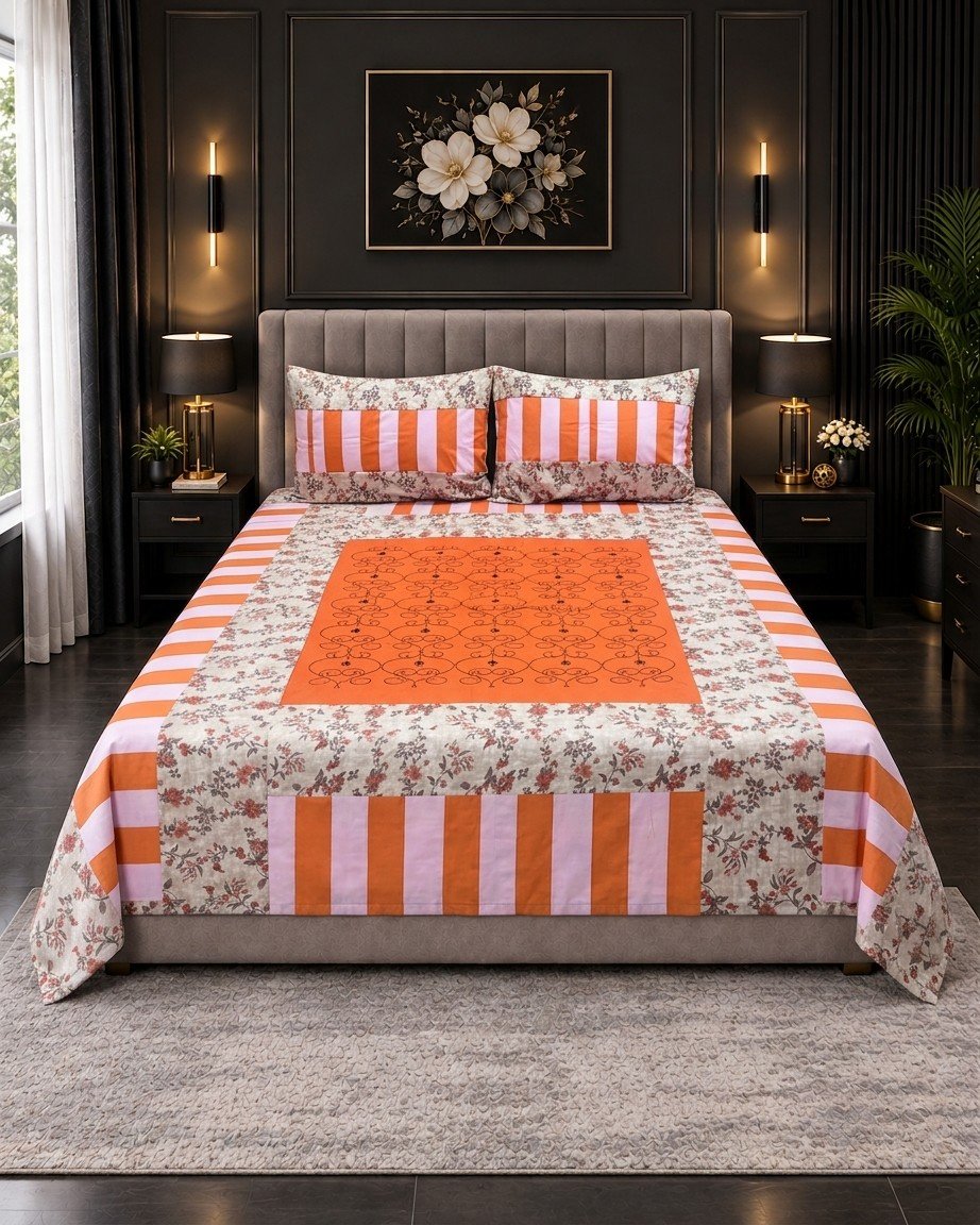 Cotton Embroided 38 Cotton Embroidered King Bed Sheet Set – Orange Pink Striped Floral - Image 1