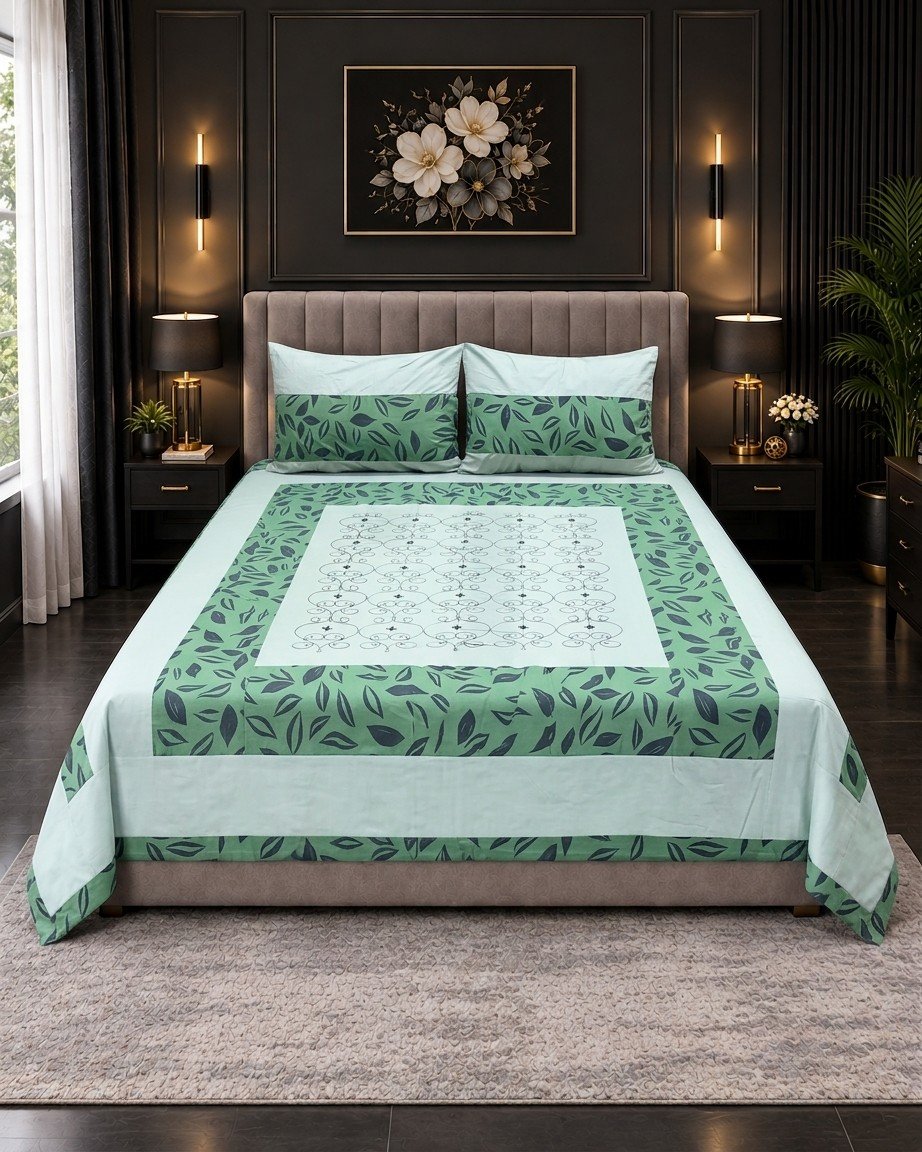 Cotton Embroided 39 Cotton Embroidered King Bed Sheet Set – Mint Green Leaf Border - Image 1