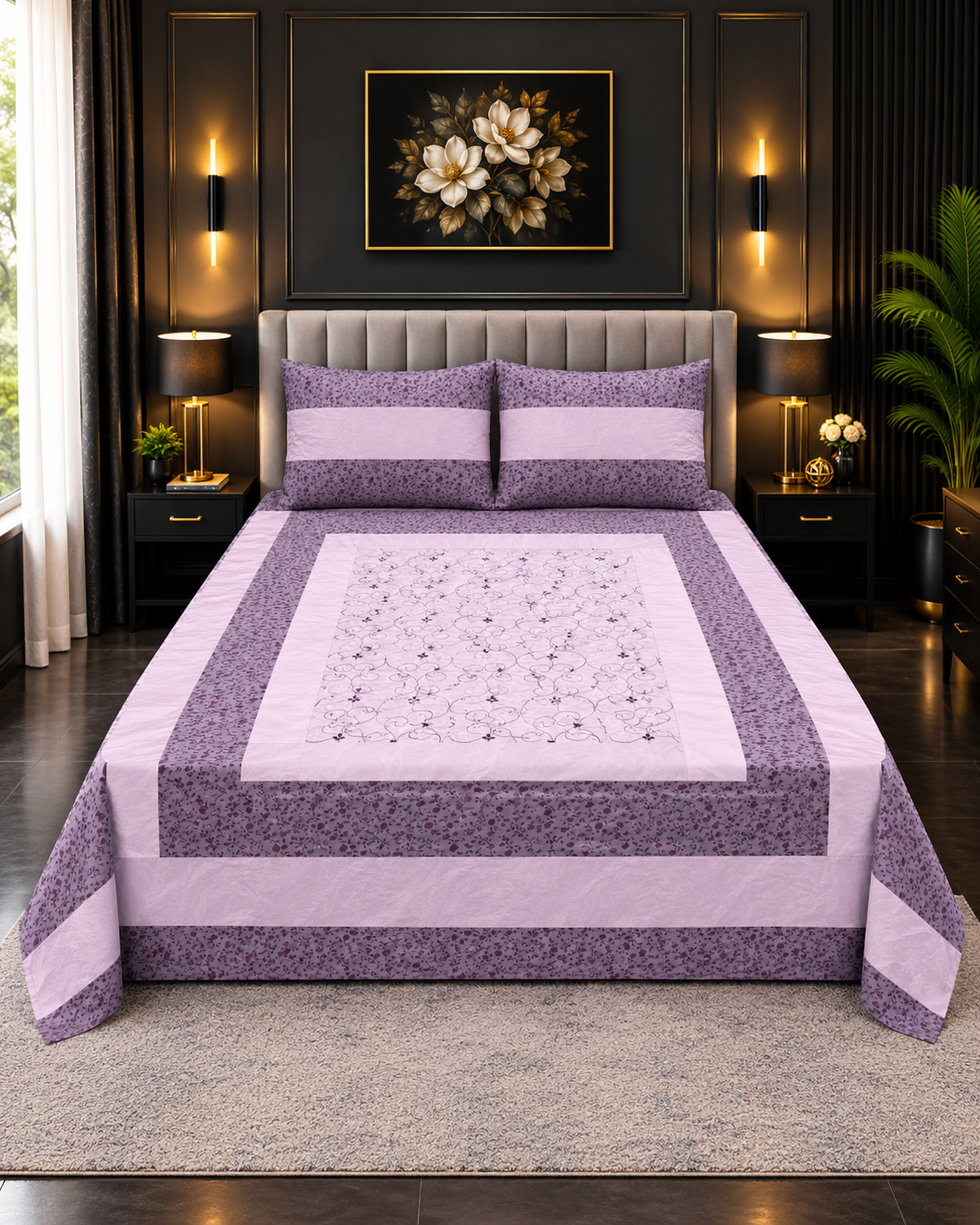 Cotton Embroided 4 Cotton Embroidered King Bed Sheet Set – Lavender Floral - Image 1