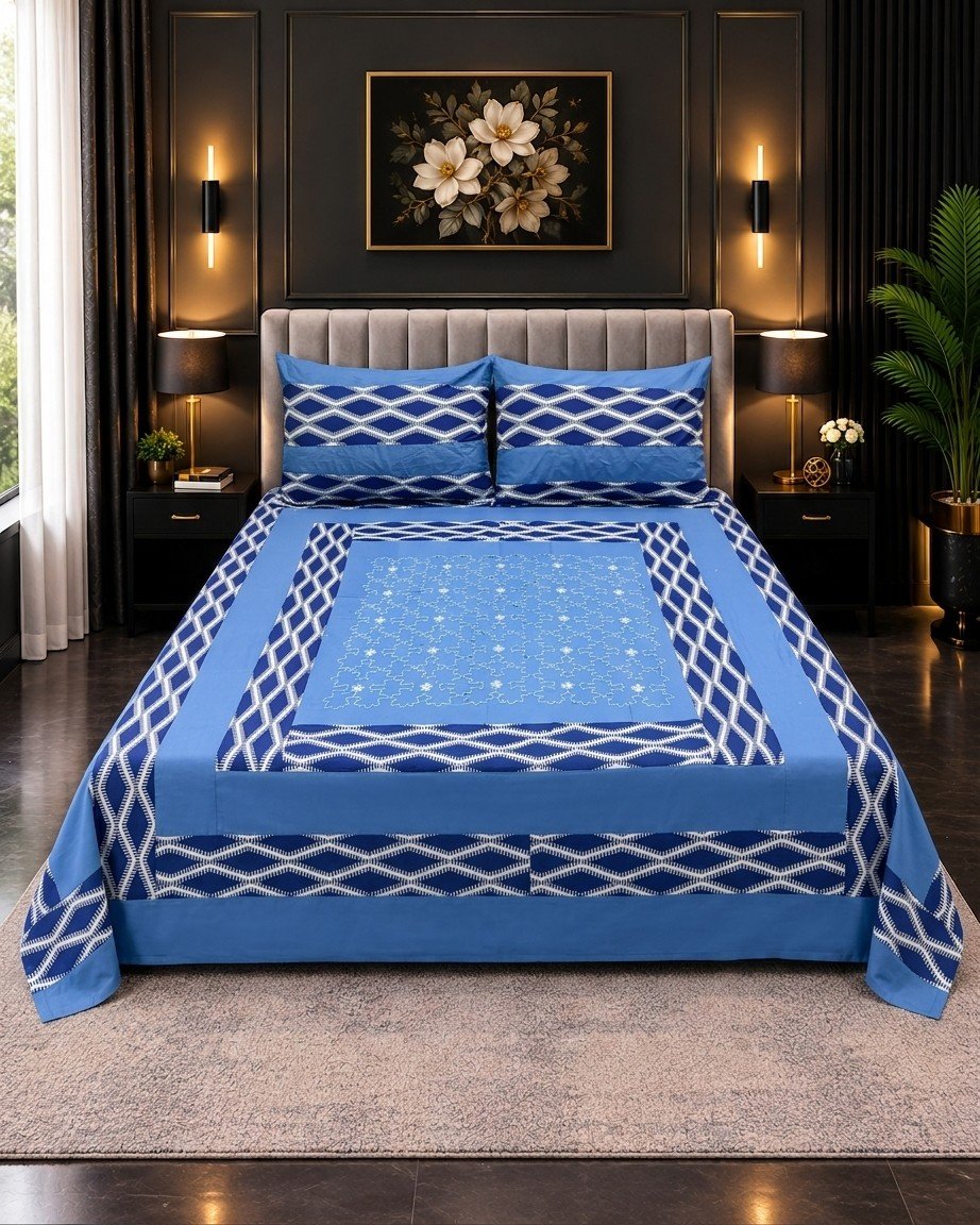 Cotton Embroided 40 Cotton Embroidered King Bed Sheet Set – Royal Blue Diamond Trellis - Image 1