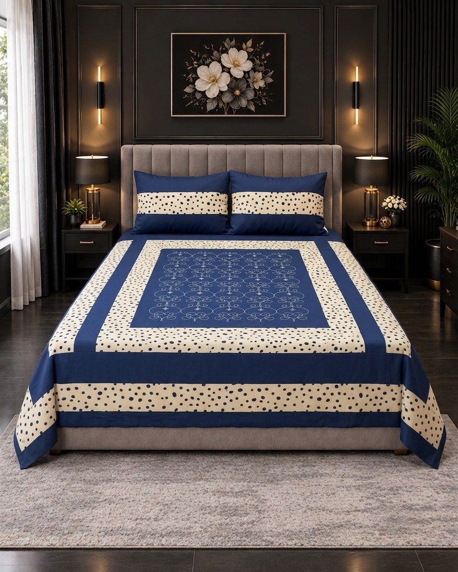 Cotton Embroided 41 Cotton Embroidered King Bed Sheet Set – Navy Blue Polka Dot Frame - Image 1