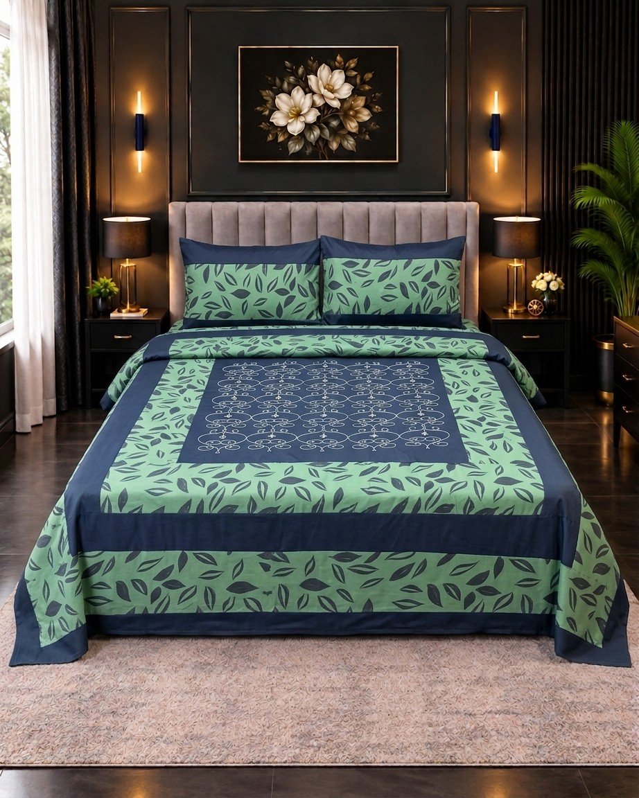 Cotton Embroided 42 Cotton Embroidered King Bed Sheet Set – Olive Green Leaf Pattern - Image 1