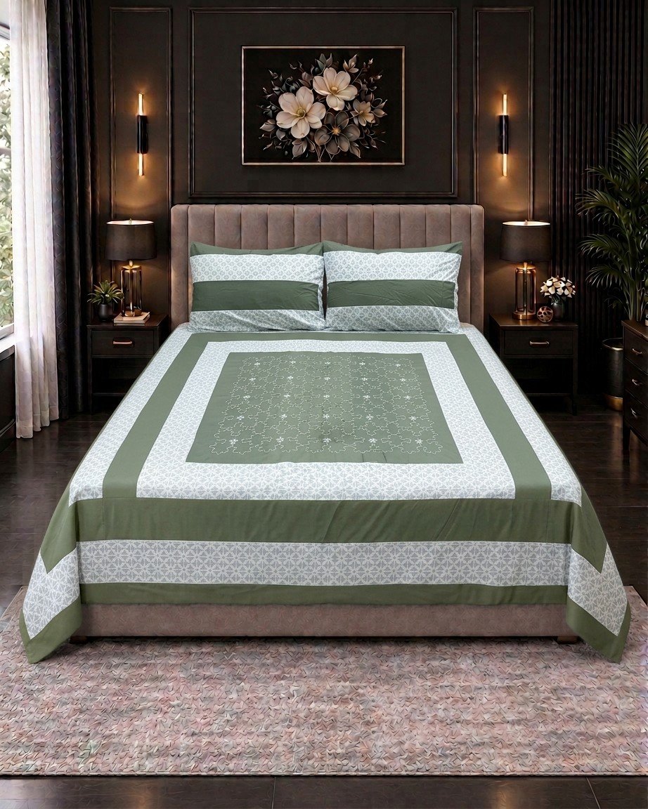 Cotton Embroided 43 Cotton Embroidered King Bed Sheet Set – Sage Green Geometric Border - Image 1