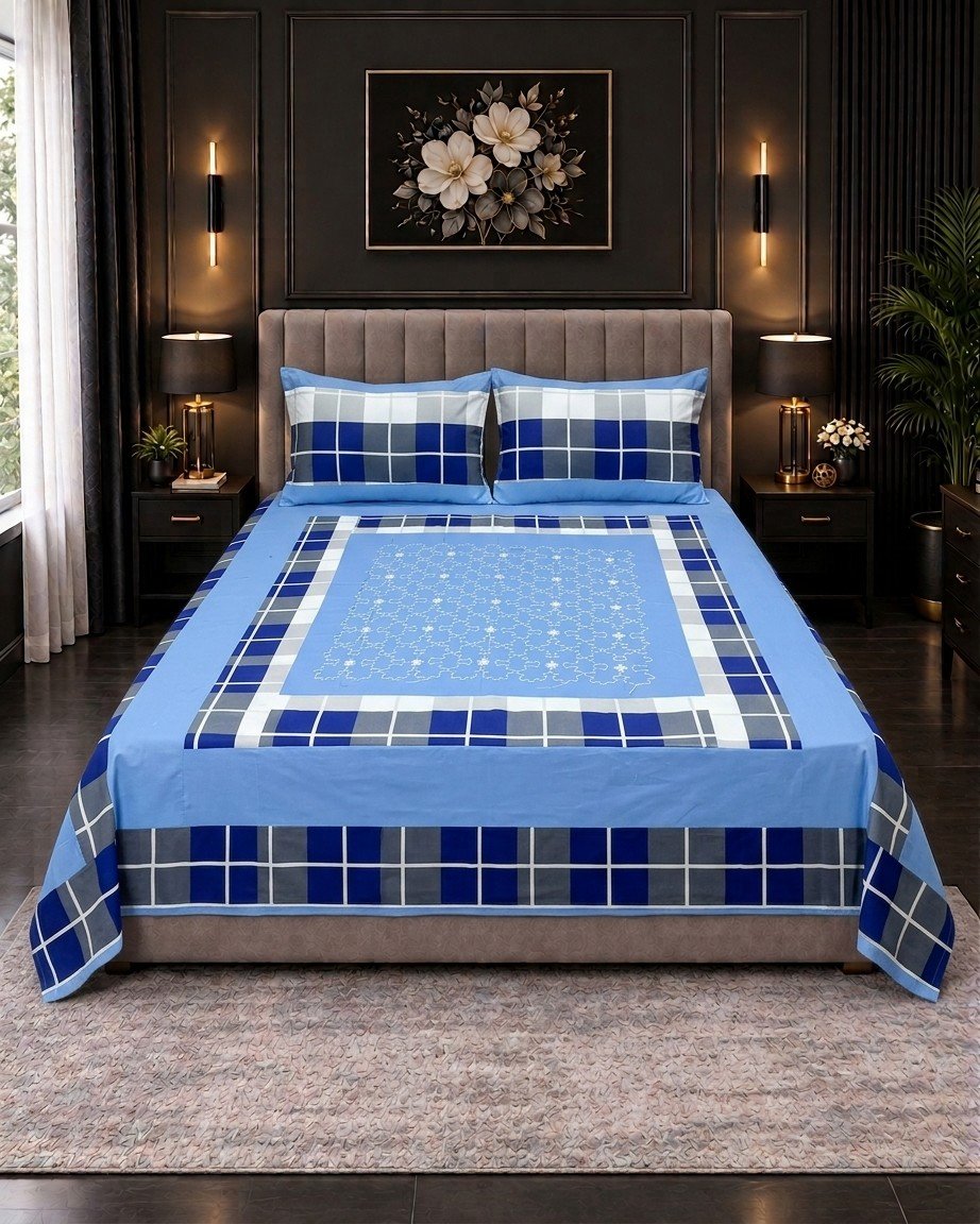 Cotton Embroided 44 Cotton Embroidered King Bed Sheet Set – Royal Blue Plaid Pattern - Image 1
