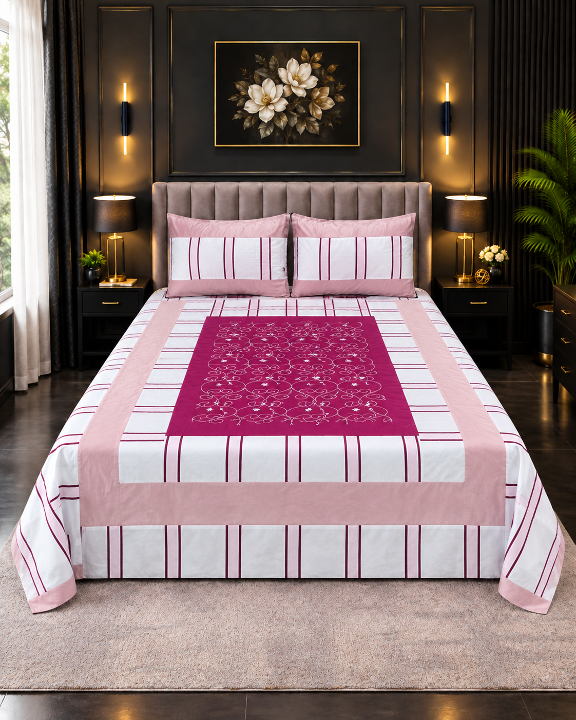 Cotton Embroided 45 Cotton Embroidered King Bed Sheet Set – Pink Magenta Striped Frame - Image 1