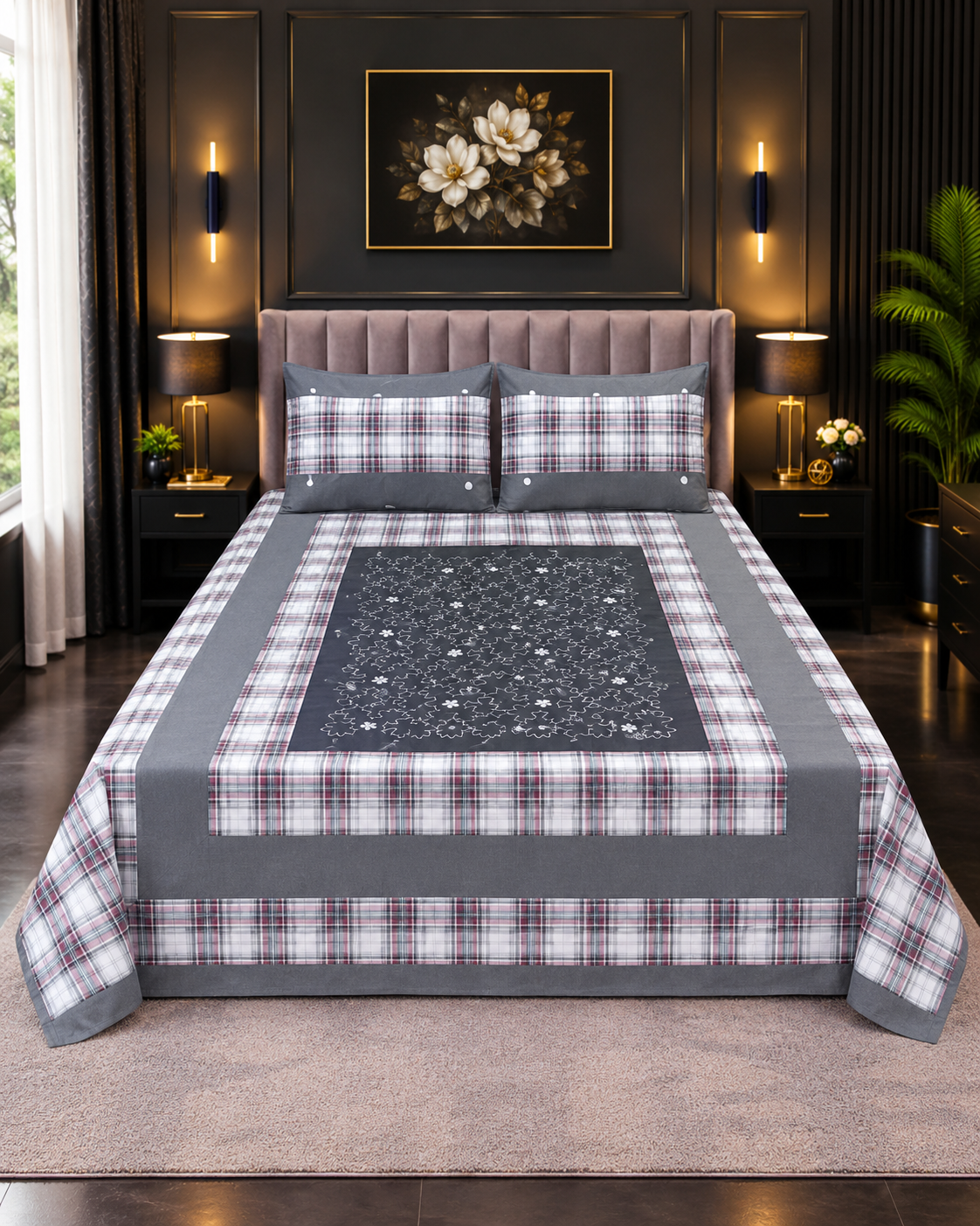 Cotton Embroided 46 Cotton Embroidered King Bed Sheet Set – Charcoal Grey Tartan Check - Image 1