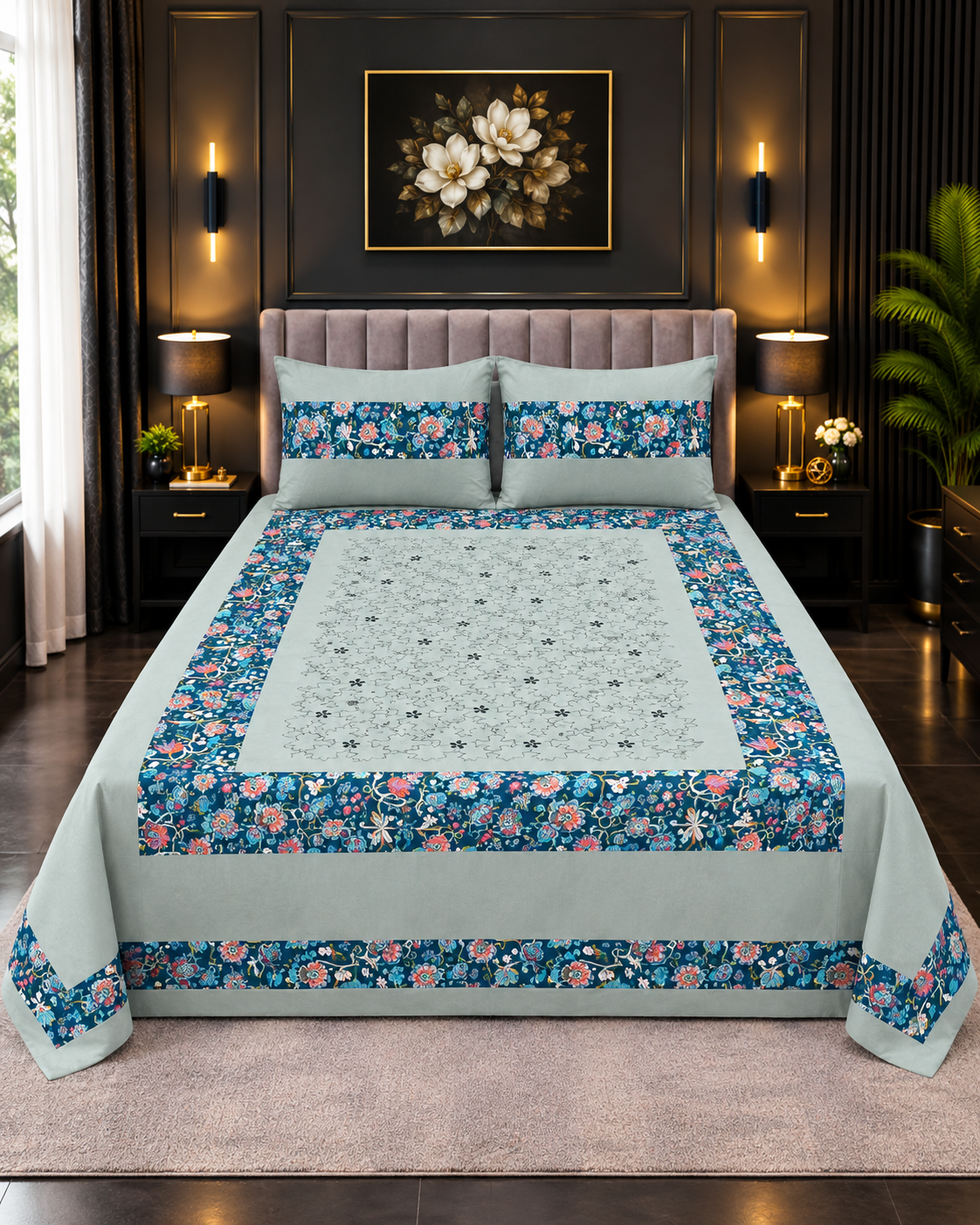 Cotton Embroided 47 Cotton Embroidered King Bed Sheet Set – Ice Blue Floral Vine Border - Image 1