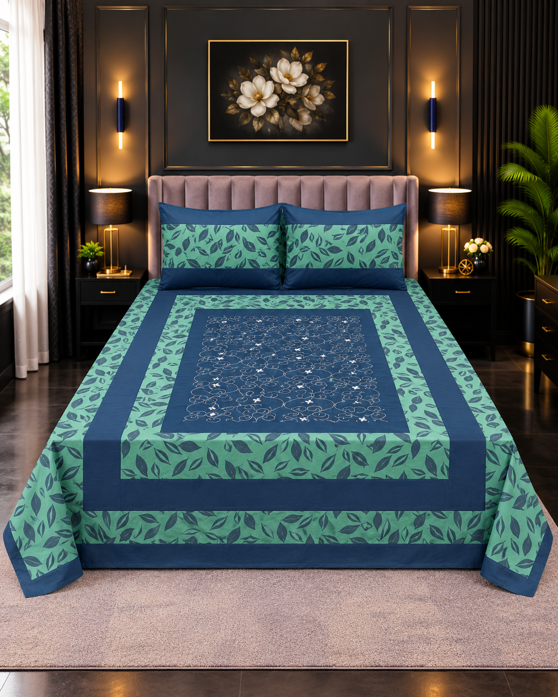 Cotton Embroided 48 Cotton Embroidered King Bed Sheet Set – Teal Navy Botanical Leaves - Image 1