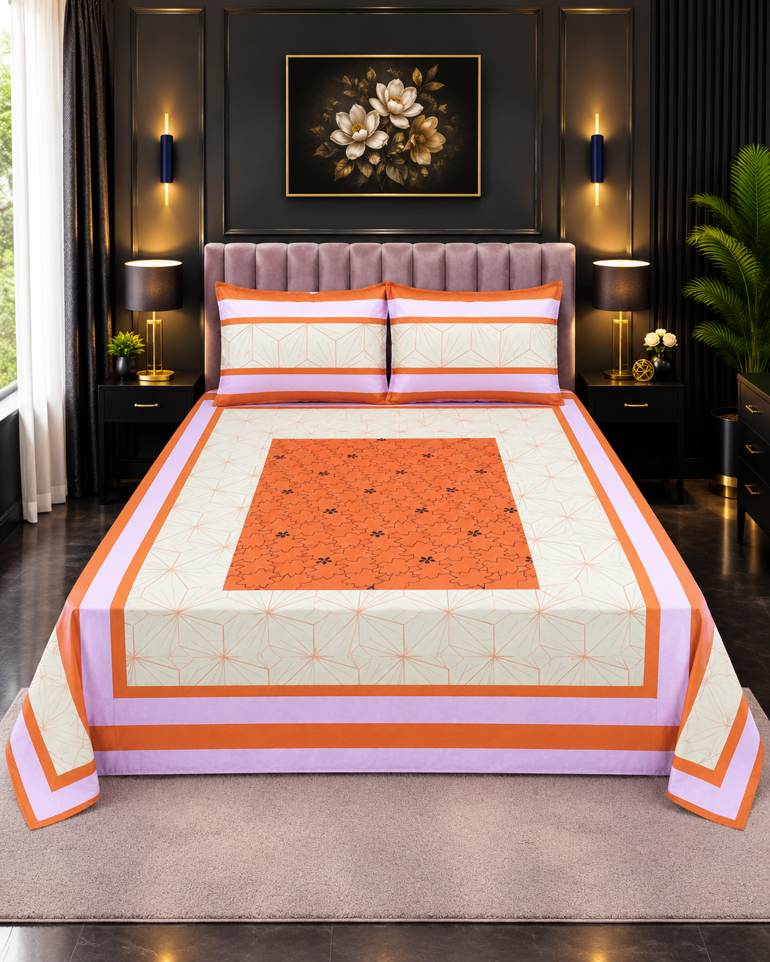 Cotton Embroided 49 Cotton Embroidered King Bed Sheet Set – Orange Peach Geometric Border - Image 1