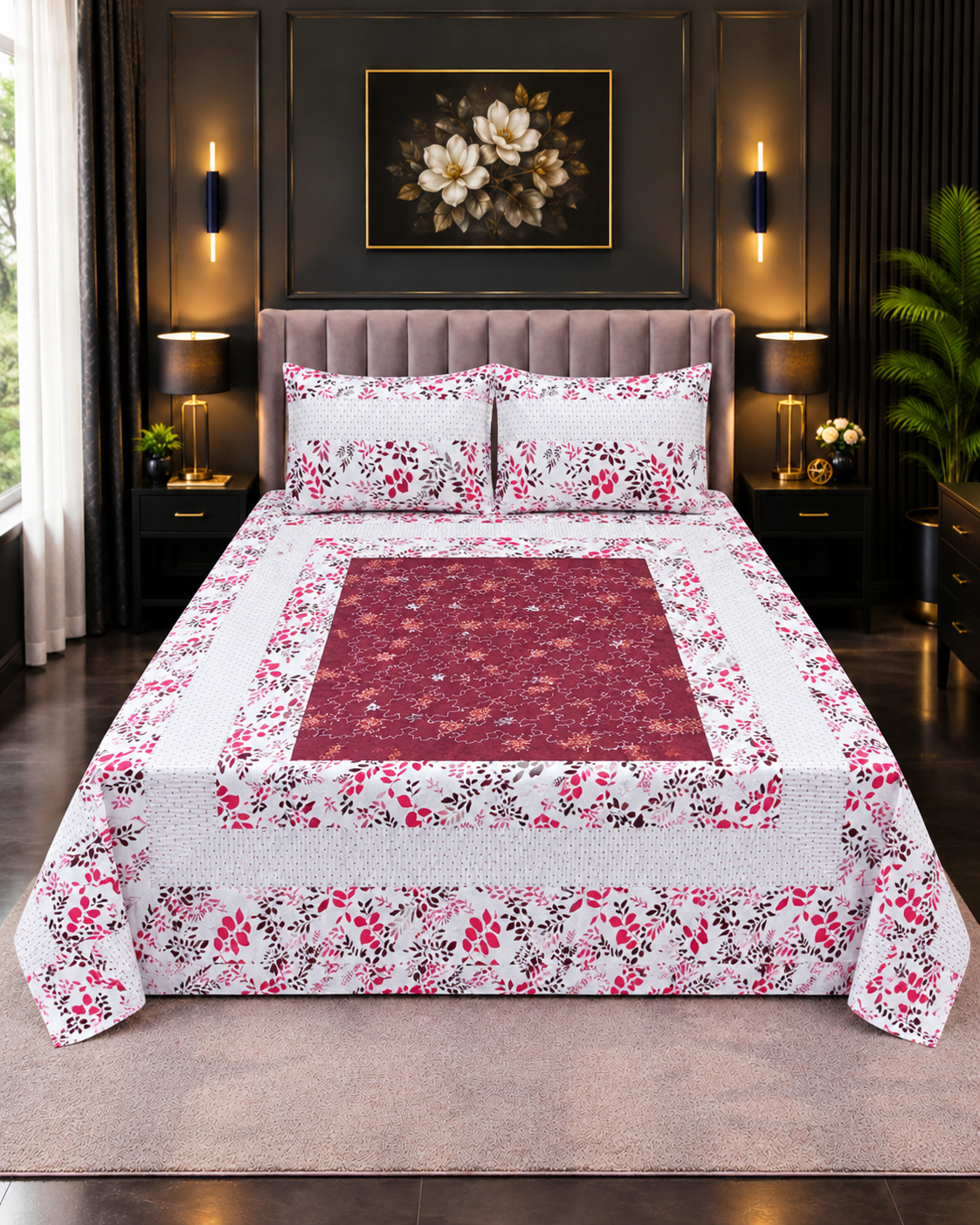 Cotton Embroided 50 Cotton Embroidered King Bed Sheet Set – Maroon Pink Leaf Print - Image 1
