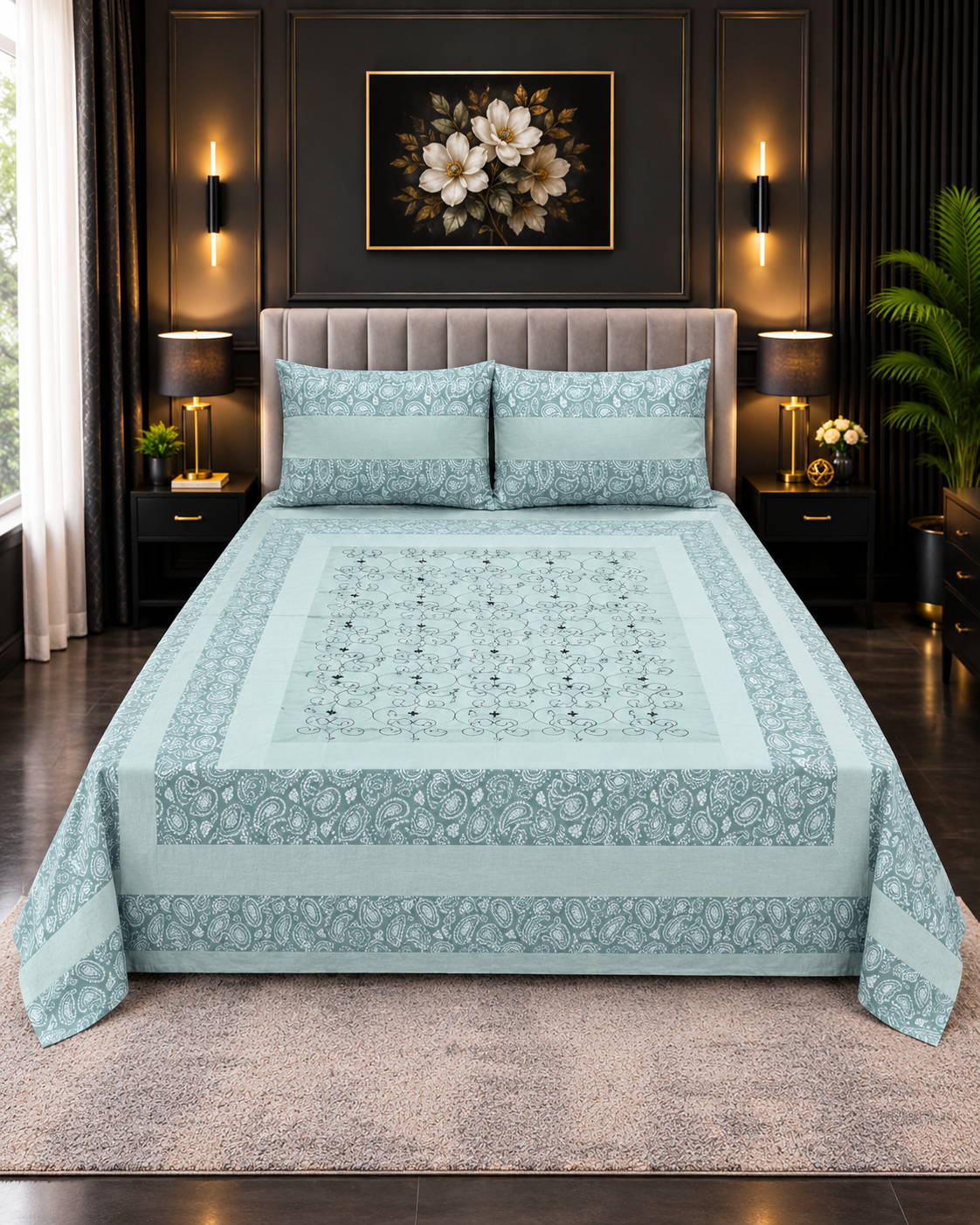 Cotton Embroided 6 Cotton Embroidered King Bed Sheet Set – Mint Green Paisley - Image 1
