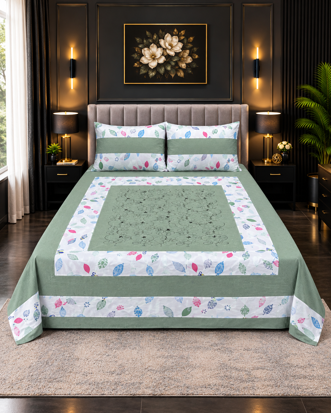 Cotton Embroided 8 Cotton Embroidered King Bed Sheet Set – Sage Green Leaf - Image 1